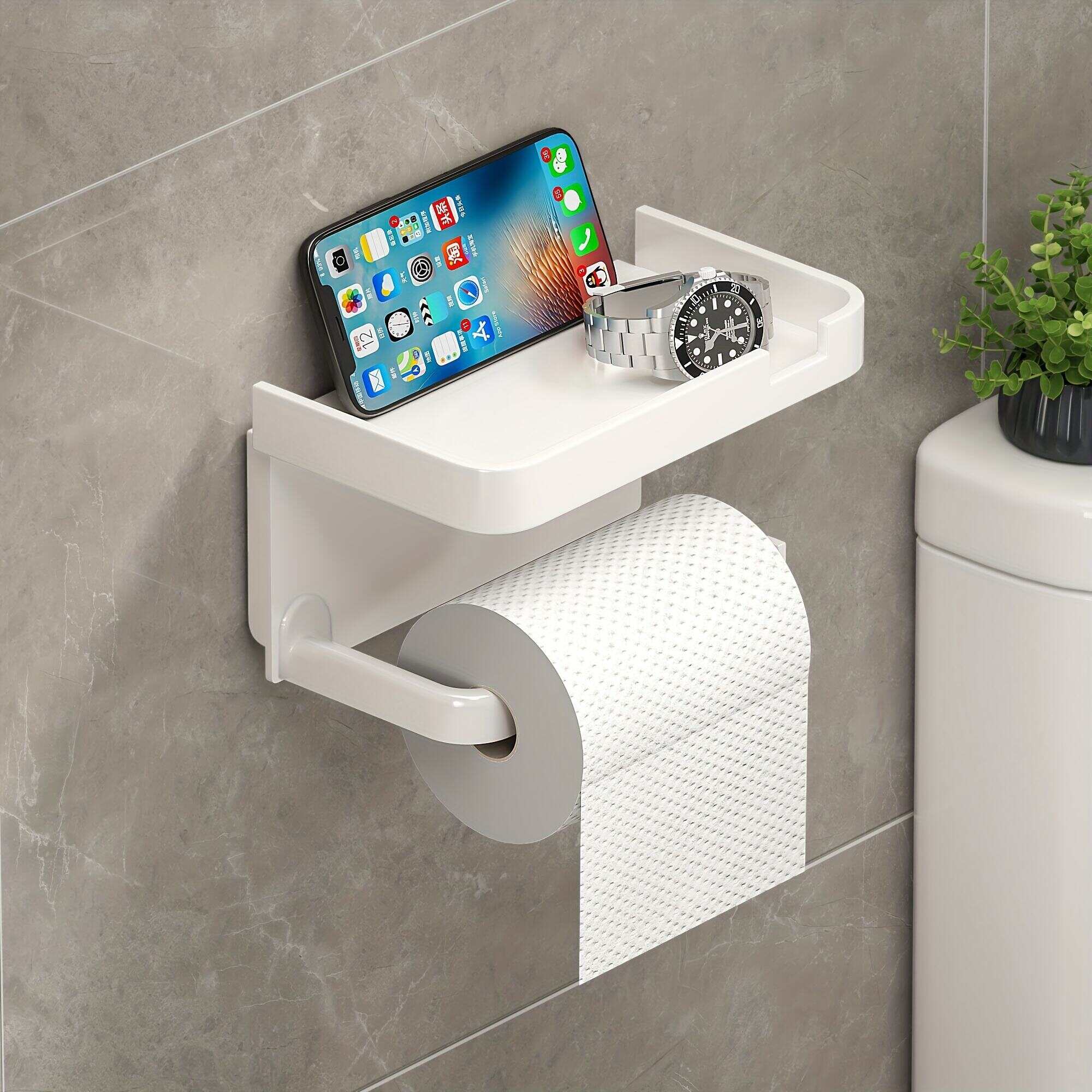 1pc Toilet Paper Storage Rack, Bathroom Wall-mounted Stainless Steel Holder, Non-punching Adhesive Tissue Box Shelf, Dual-purpose Storage Rack, Mobile Phone Holder, Toiletry Organizer Bracket, Bathroom And Toilet Supplies