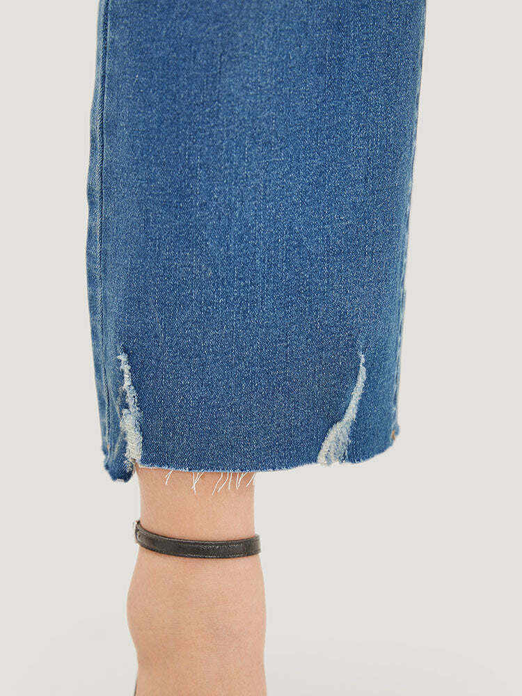 Bootcut Very Stretchy High Rise Medium Wash Distressed Hem  Jeans