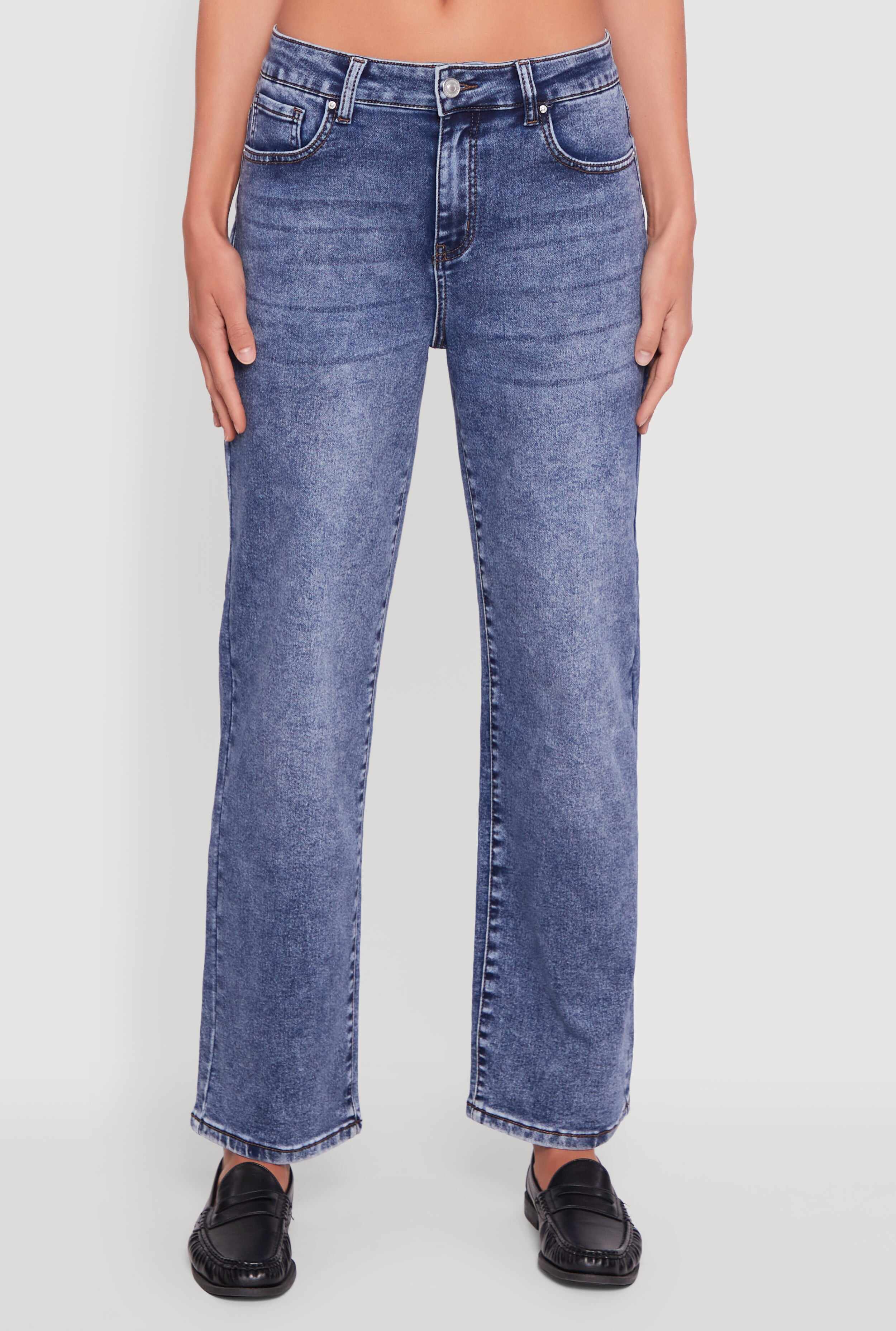 Acid Wash Mid Rise Straight Leg Jeans