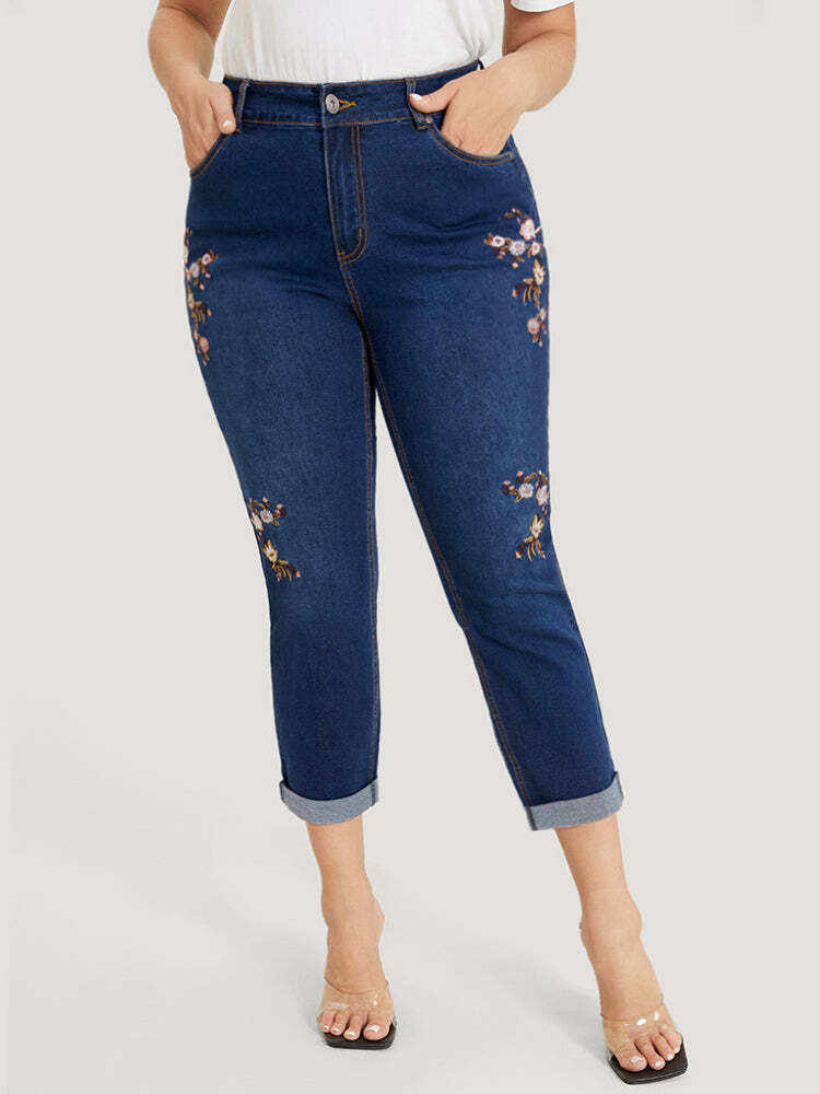 Straight Leg Very Stretchy Dark Wash Floral Embroidered Jeans
