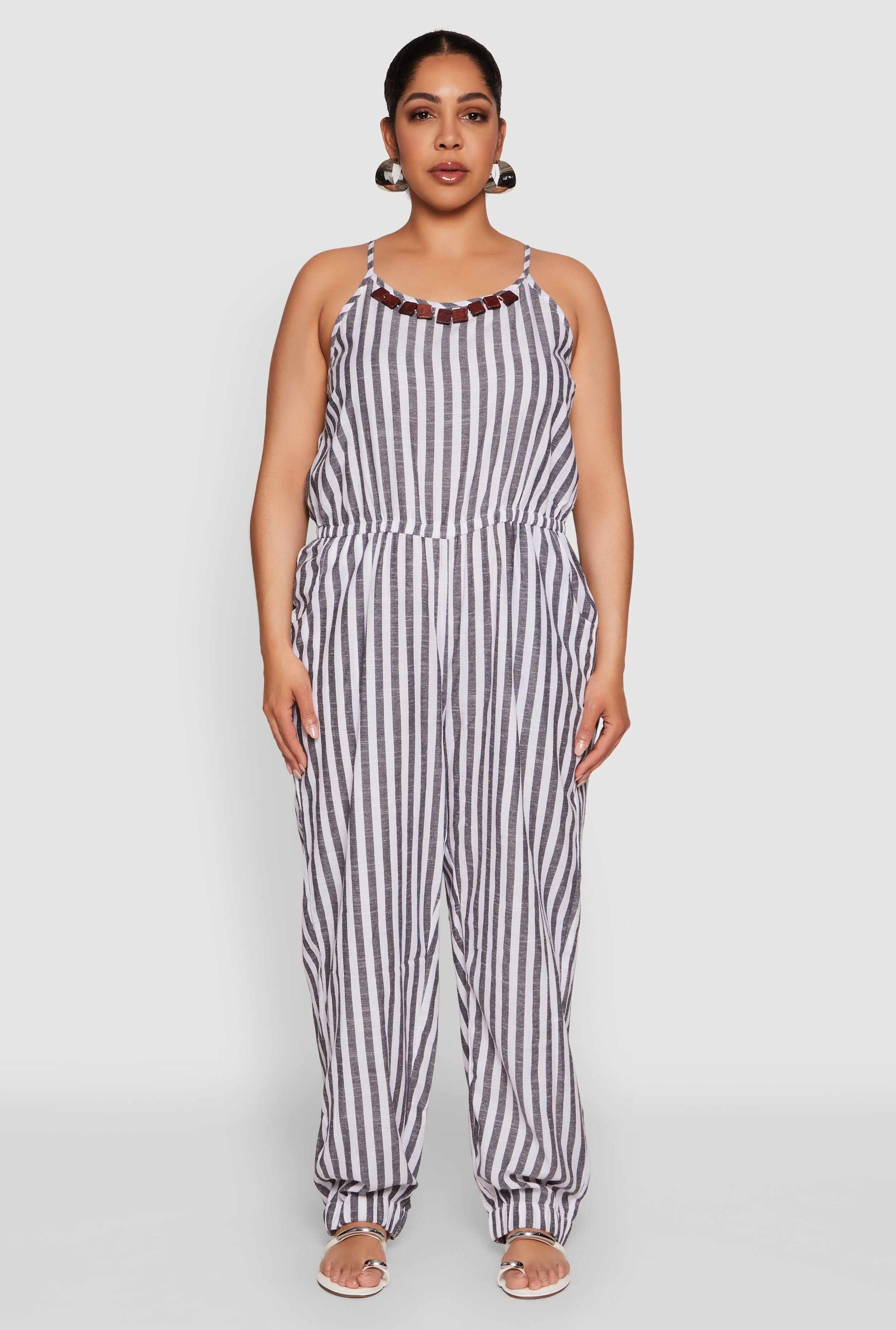 Plus Size Wooden Beaded Detail Striped Jumpsuit