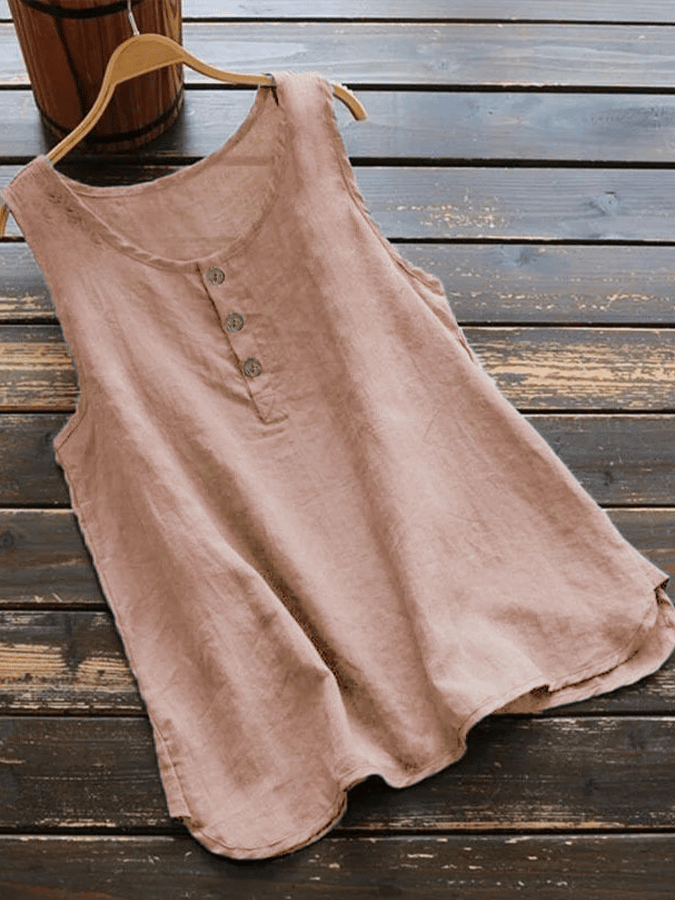 Women's Solid Cotton Linen Round Neck Split T-shirt