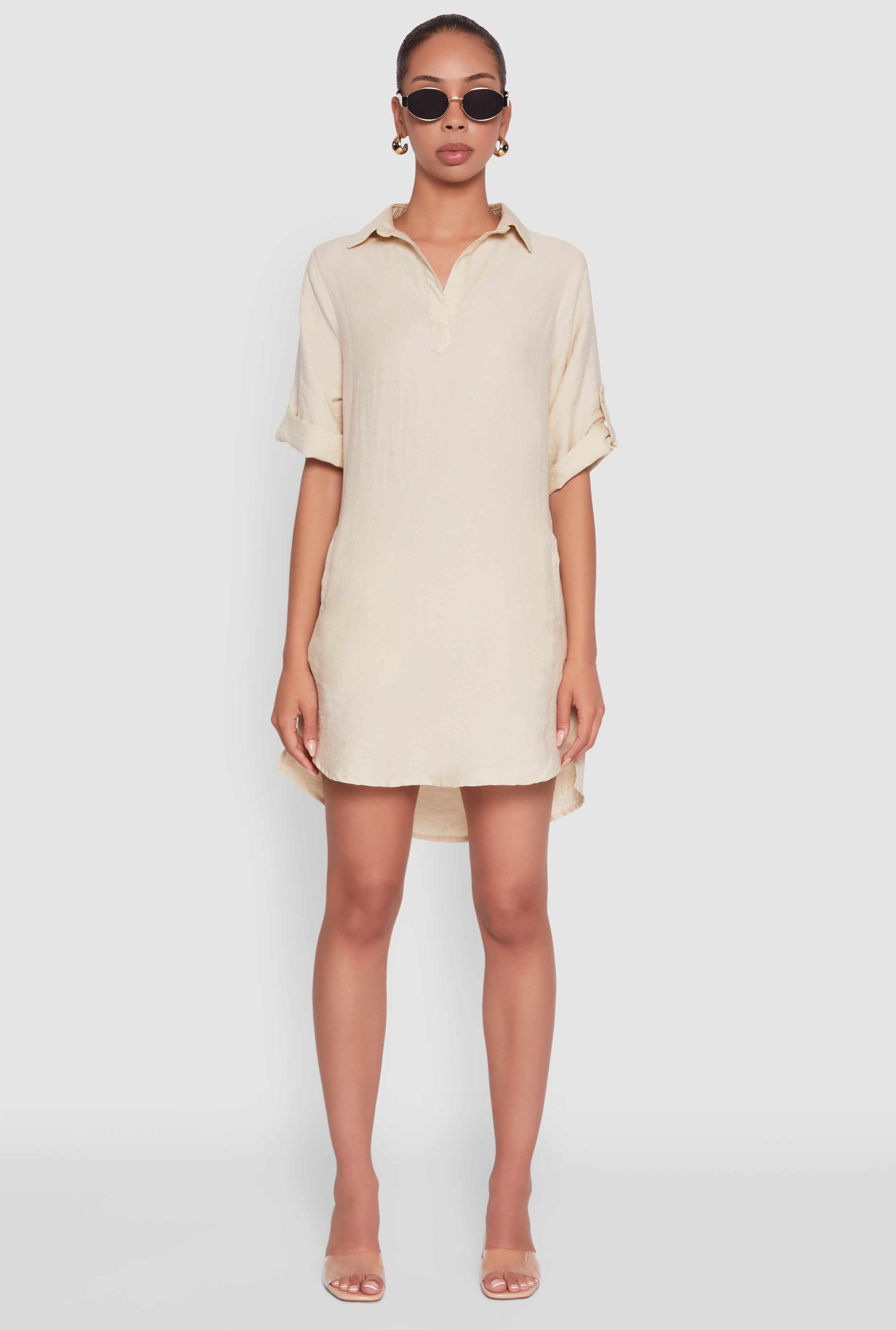 Trendy Linen Shirt Dress with Short Sleeves and Collared Neck