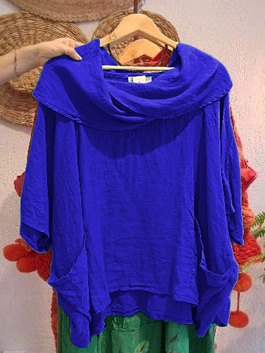 🔥Summer Arrivals🌟Women's Solid Color Draped Neck 3/4 Sleeve Comfortable Casual Linen Pocket Top
