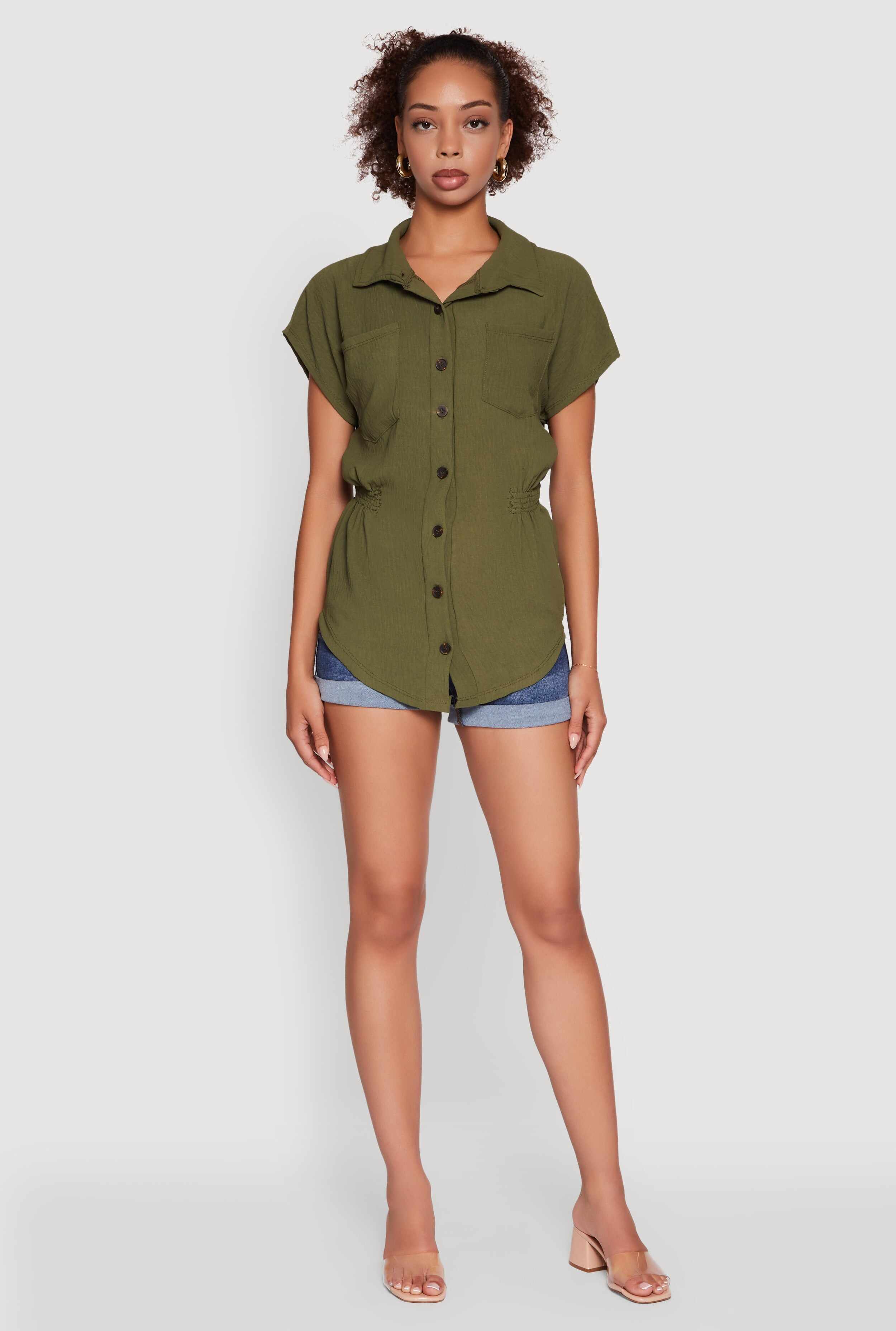 Trendy Smocked Side Button Front Shirt