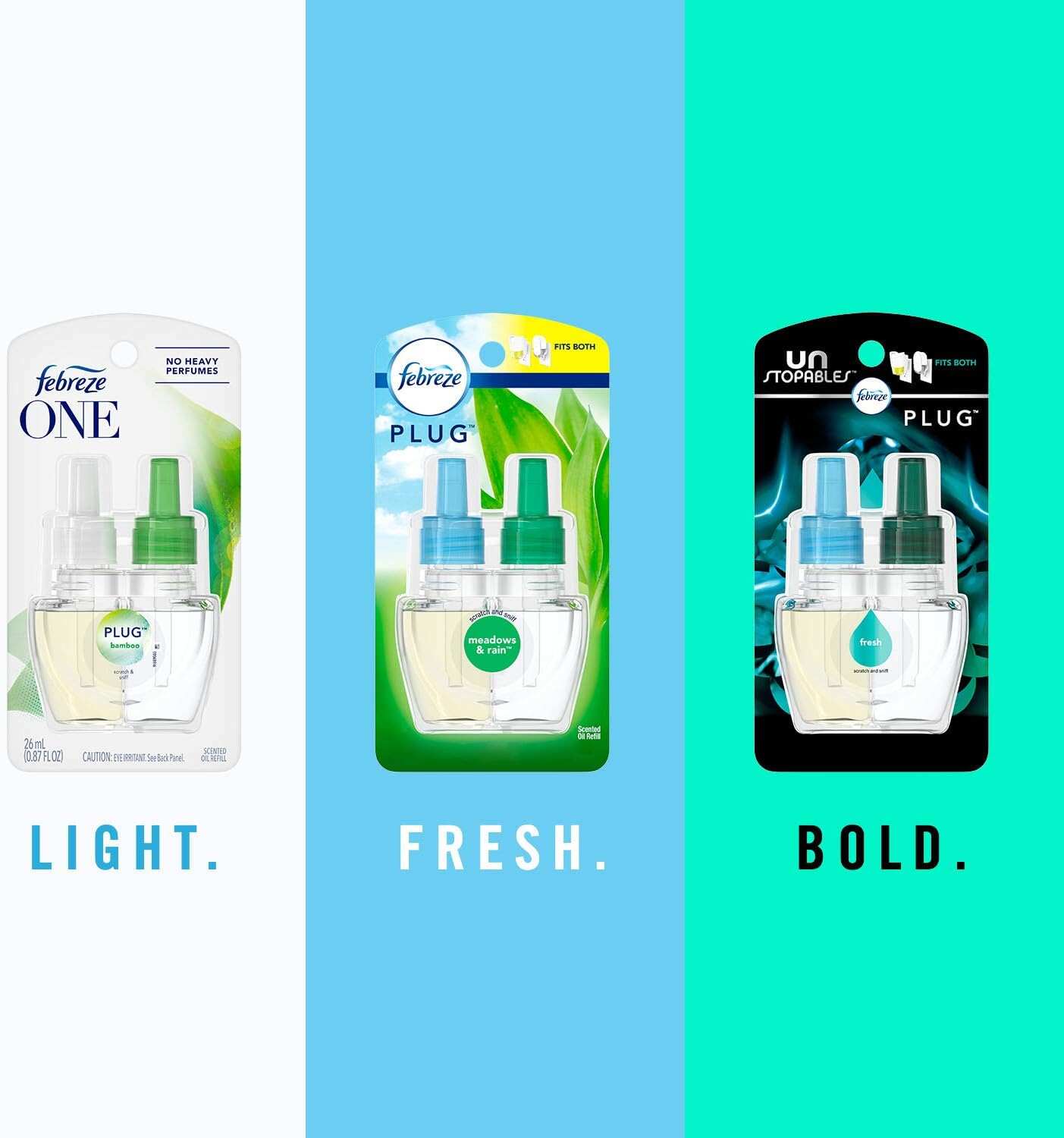 Febreze Odor-Fighting Fade Defy PLUG Air Freshener, Mountain, Ocean, Amber, (3) .87 fl. oz. Oil Refills