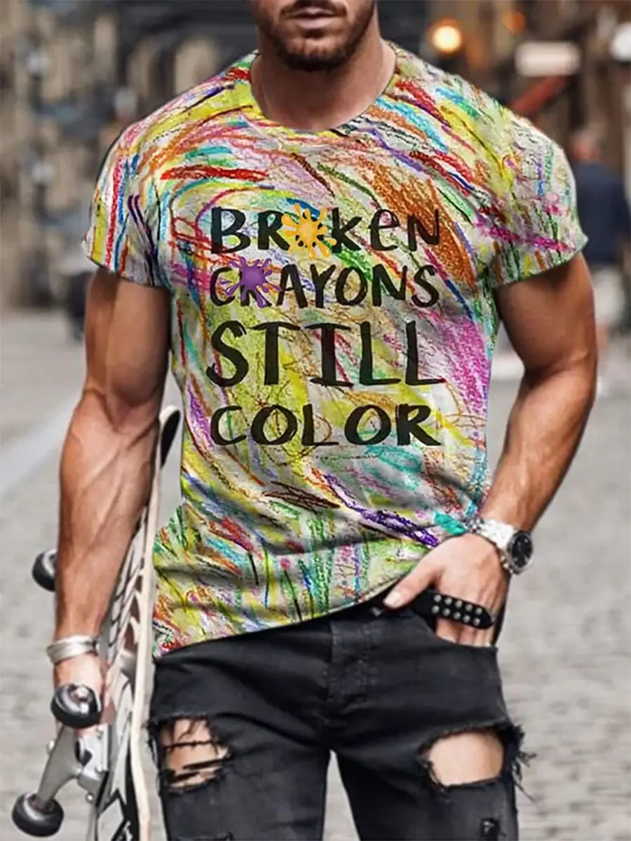 Men's Mental Health Awareness Broken Crayons Still Color Encourage Print Casual T-Shirt