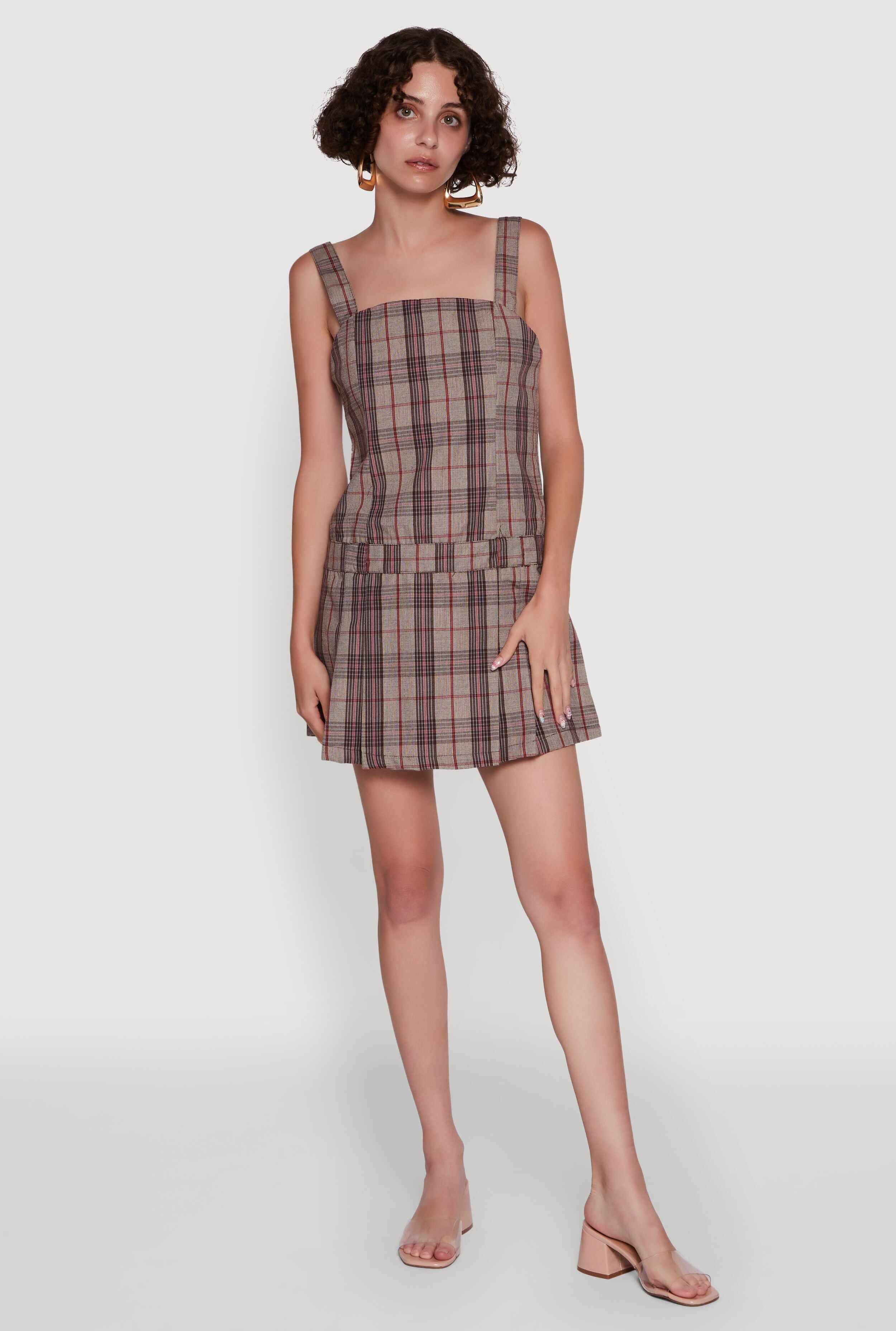 Plaid Square Neck Sleeveless Pleated Hem Dress