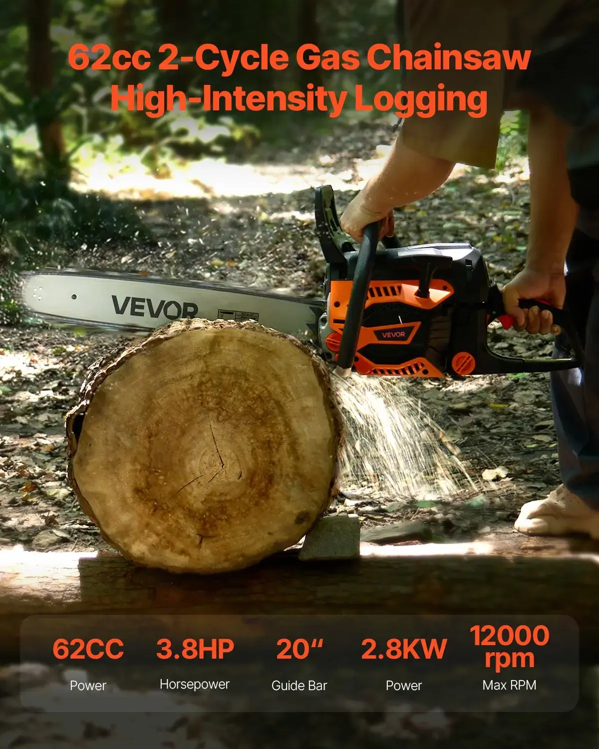 62cc Gas Chainsaw 3.8 HP Gas Powered 20 inch Chainsaw For Wood Cutting