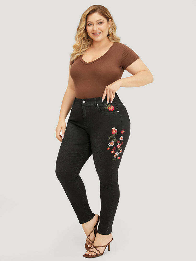 Very Stretchy High Rise Black Wash Floral Embroidered Jeans