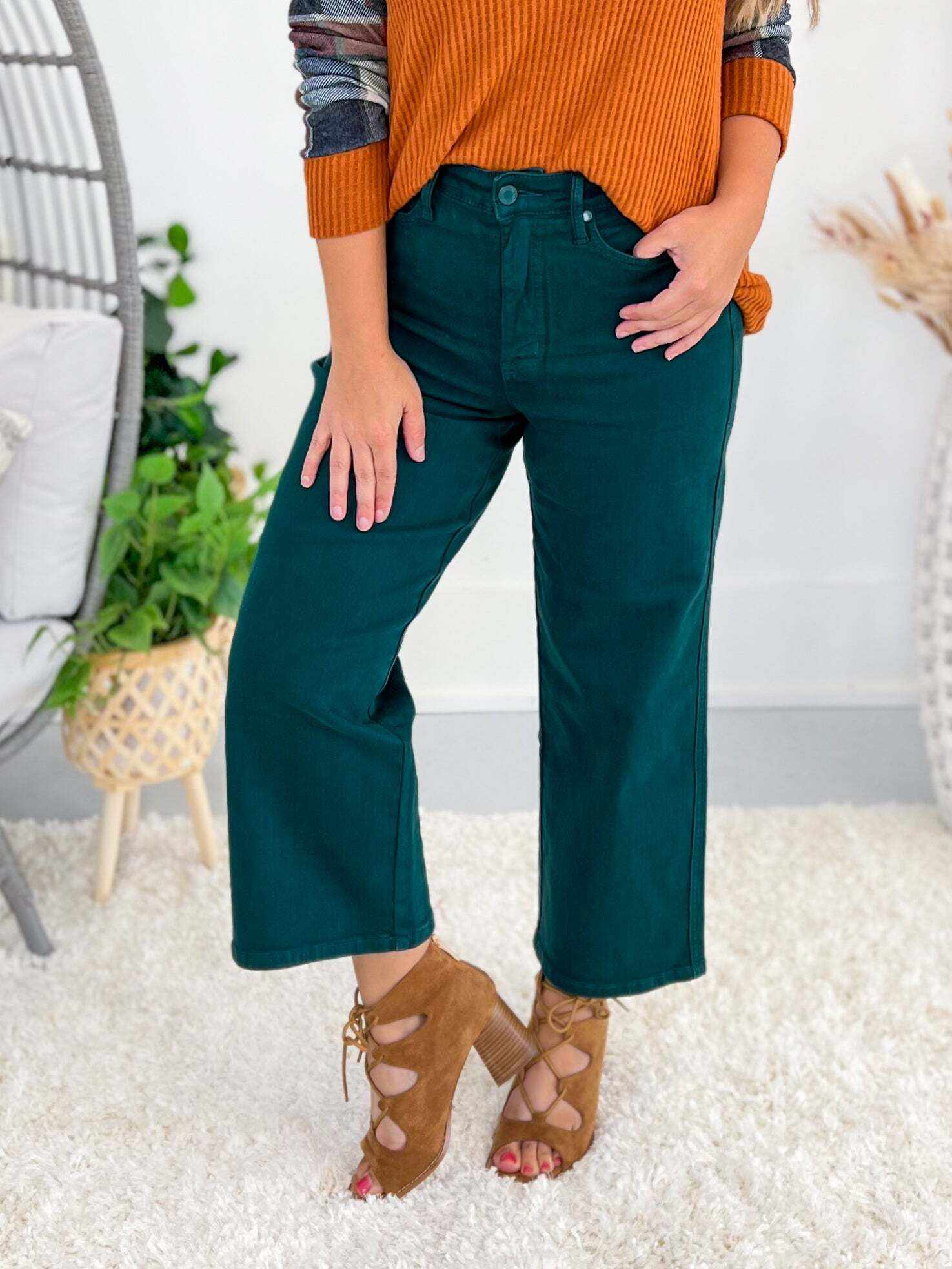 Emerald City - Christmas Tummy Control Dyed Wide Crop Jeans - Final Sale