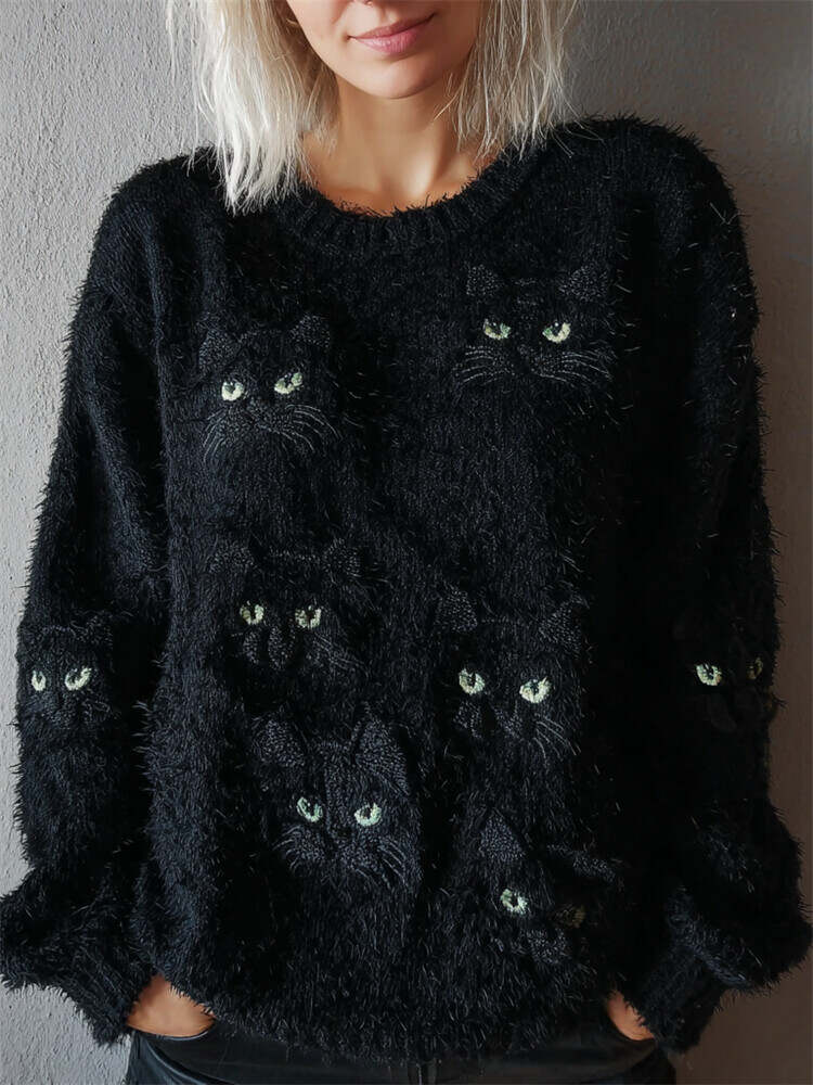 🎉Today's Deal✨Halloween Black Cat Faces Cozy Fuzzy Sweater