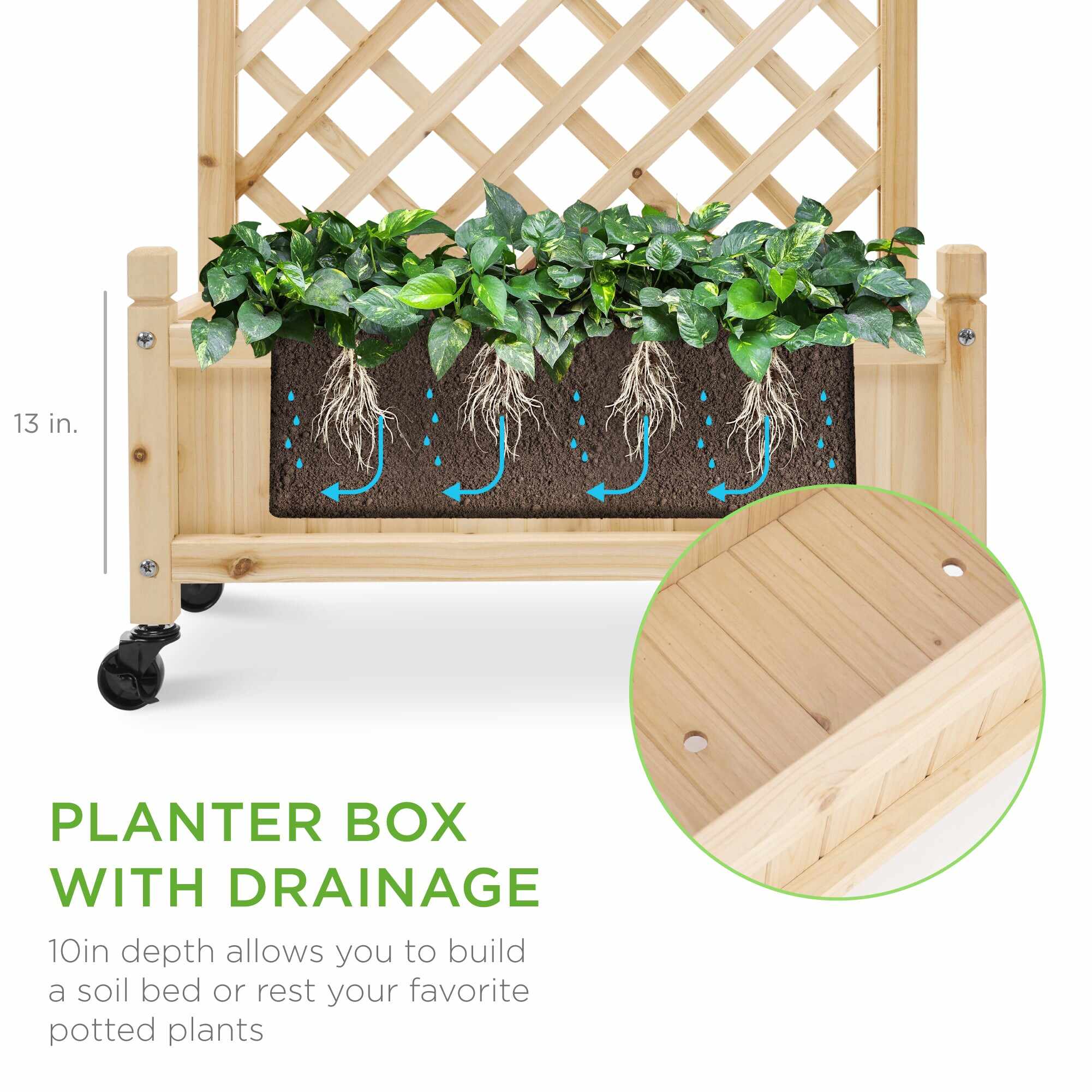 Set of 2 Wood Planter Box & Lattice Trellis w/ Optional Wheels - 48in