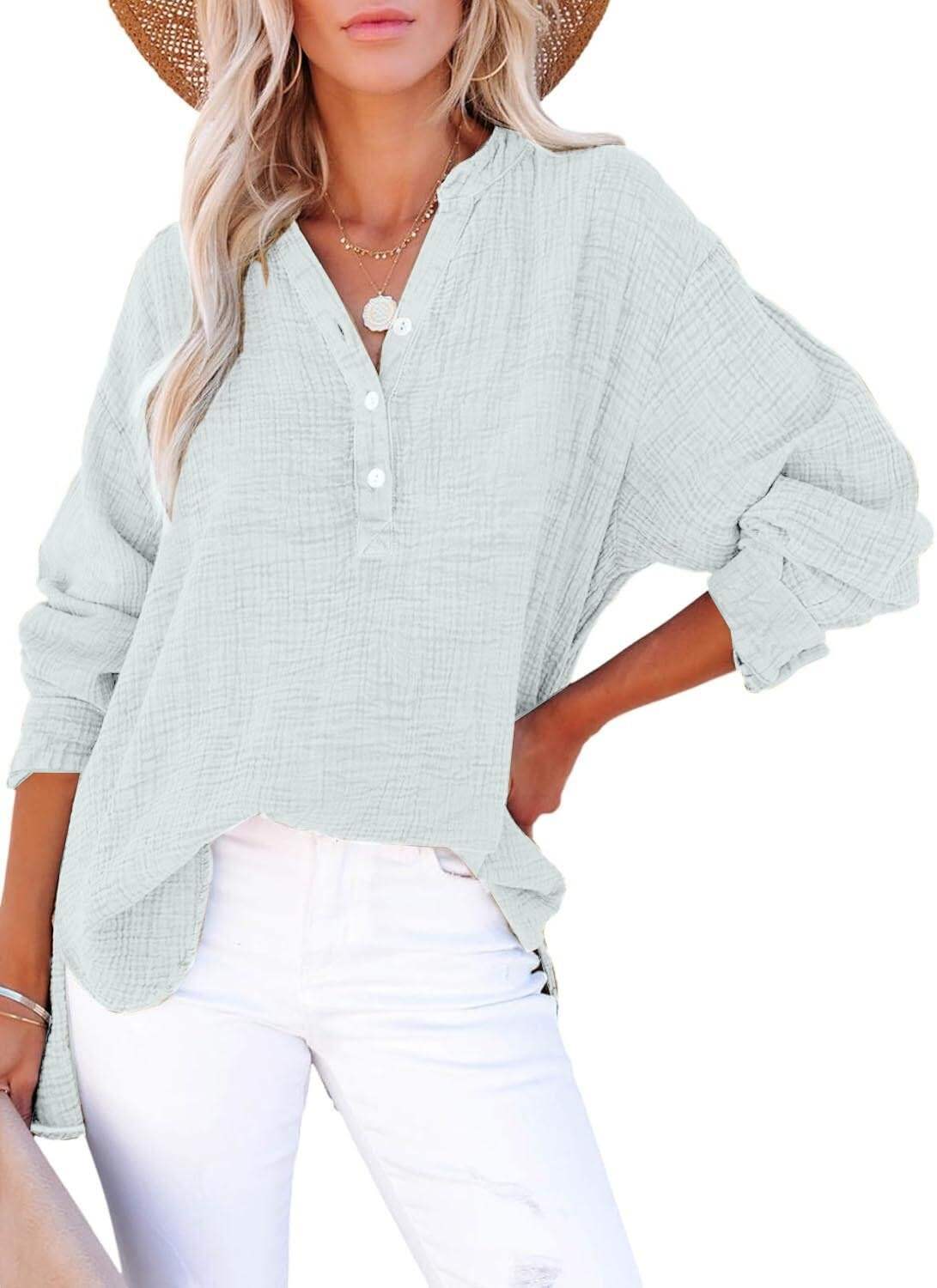 🔥10-Pack Womens Casual Gauze Button Neck Long Sleeve Oversized BlousesTops