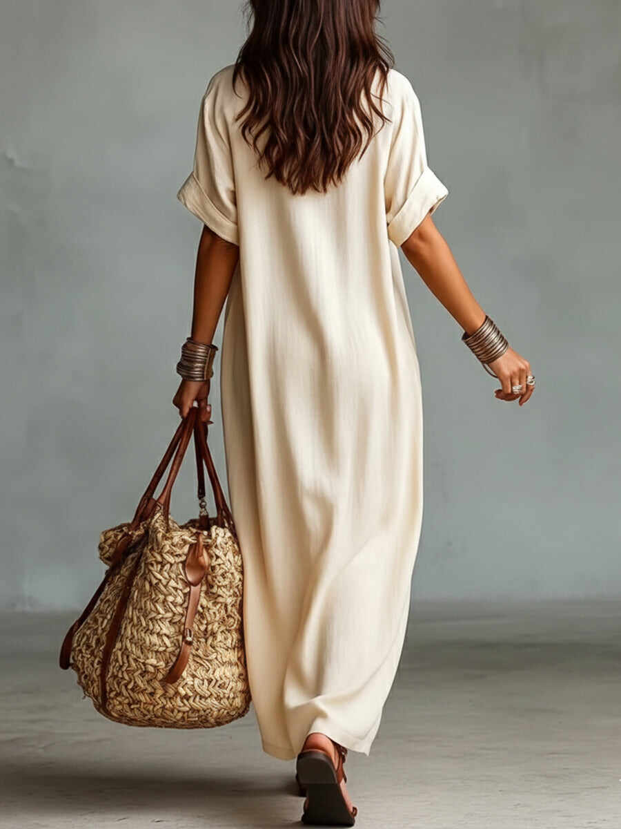 🔥Summer Arrivals🌟Loose-fitting V-neck Linen And Cotton Dress
