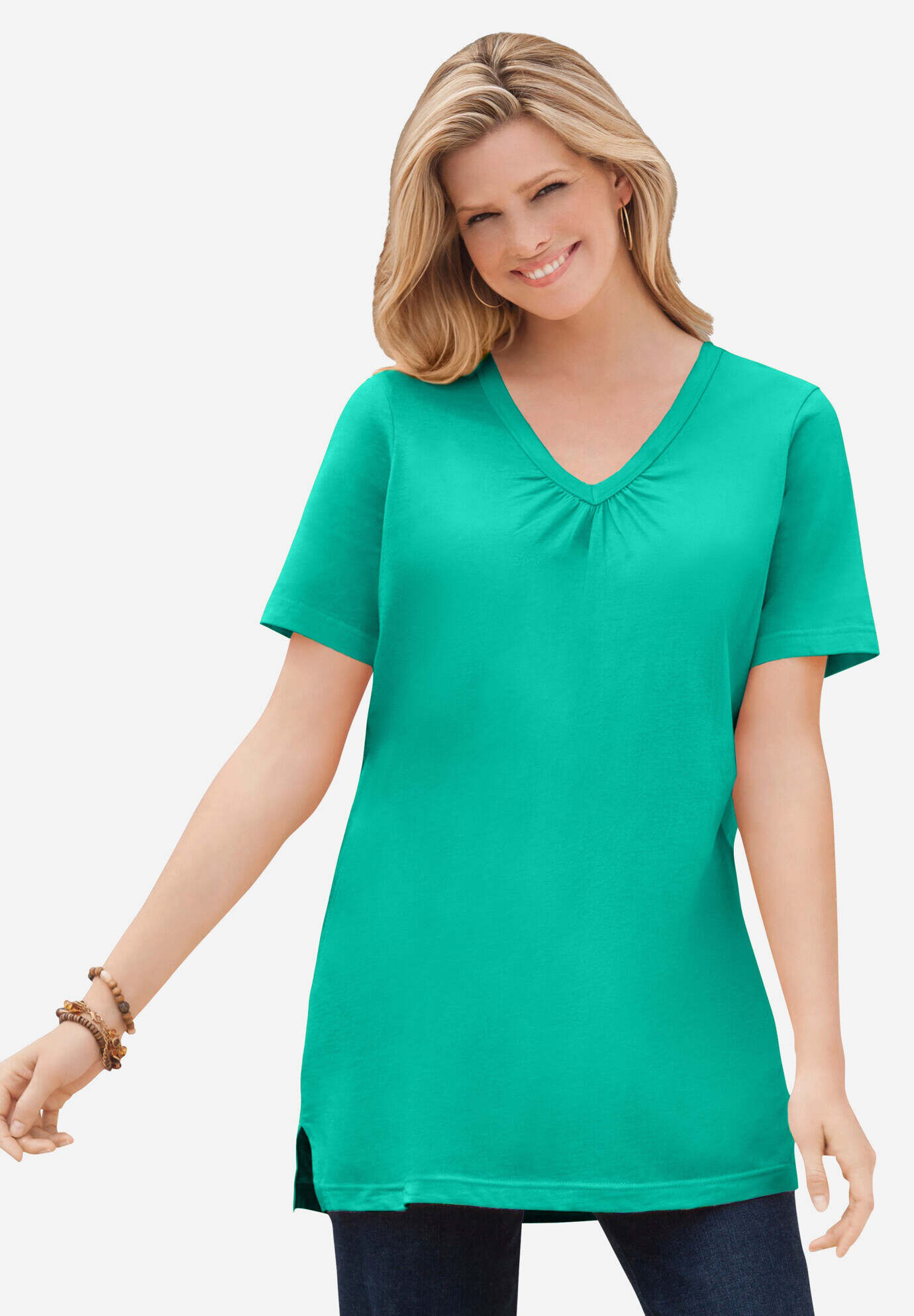 Perfect Short-Sleeve Shirred V-Neck Tunic
