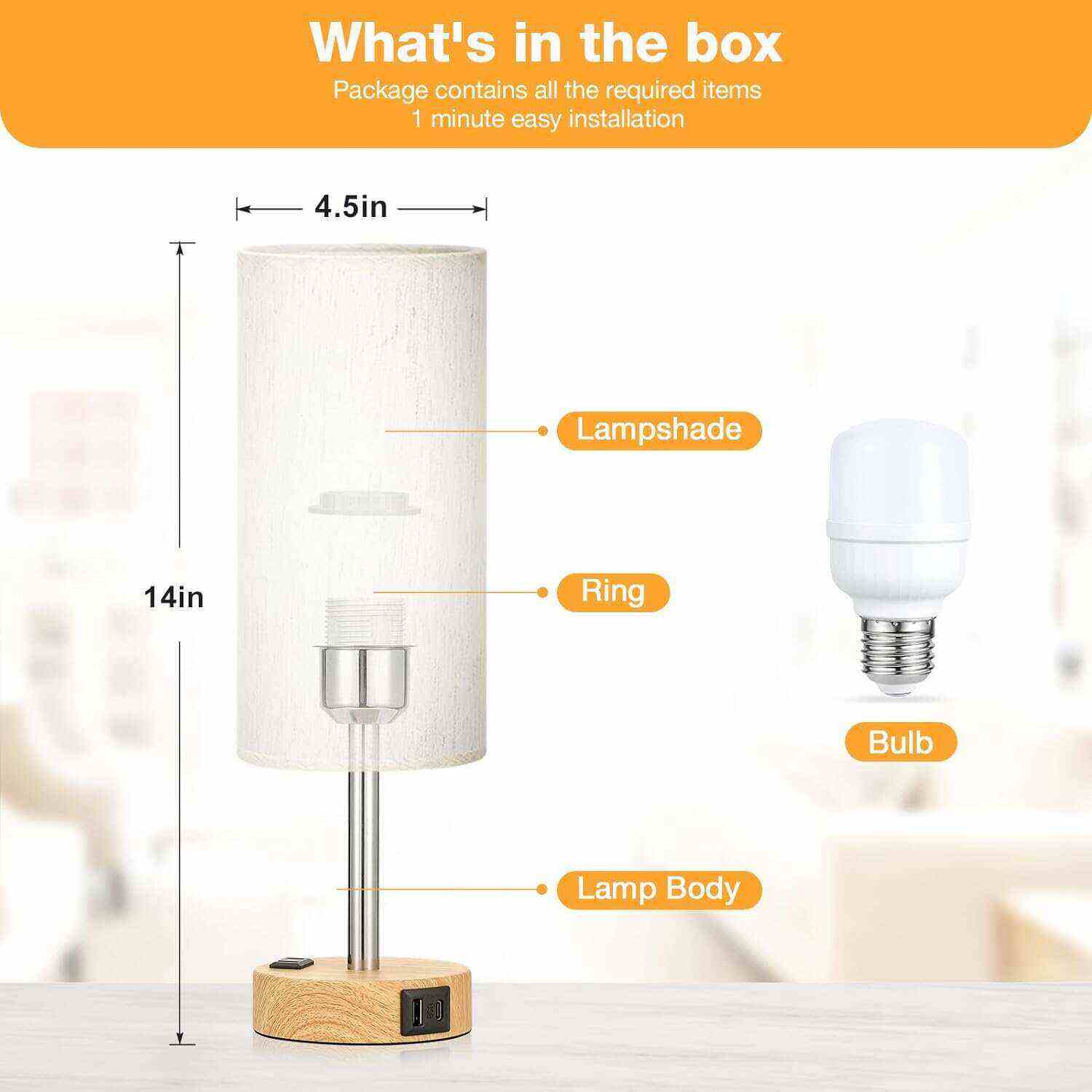 Bedside Table Lamp for Bedroom - 3 Way Dimmable Touch Lamp USB C Charging Ports and AC Outlet, Small Lamp Wood Base Round Flaxen Fabric Shade for Living Room, Desk, LED Bulb Included