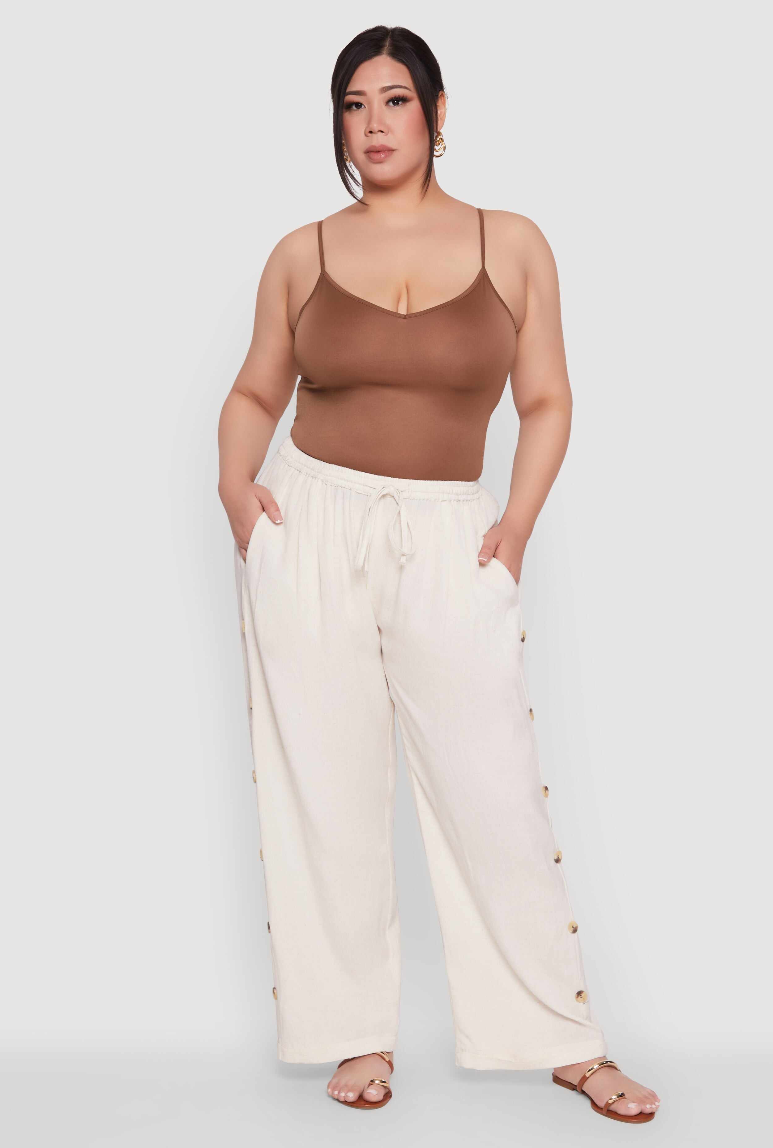 Plus Size Side Button Detail Linen Pants