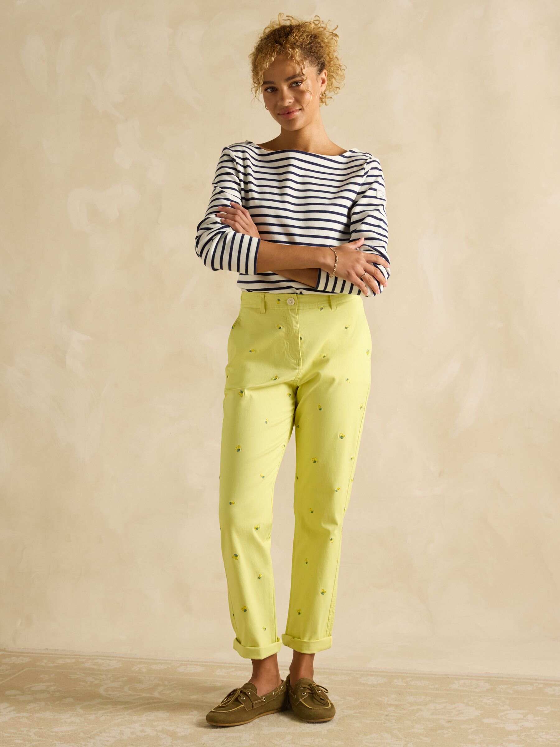 Slim Fit Yellow Lemon Embroidered Chino Trousers