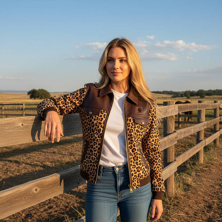 Women's Retro Leather Patchwork Leopard Print Collar Jacket