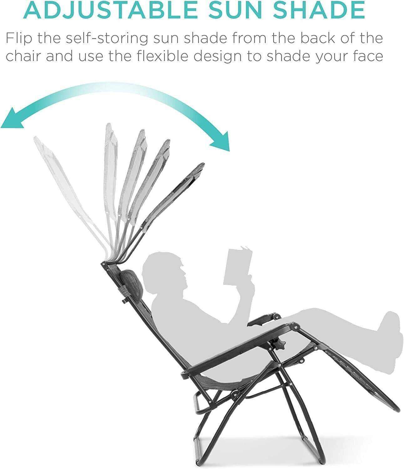 Folding Zero Gravity Recliner Patio Lounge Chair w/Adjustable Canopy Shade, Headrest, Side Accessory Tray, Textilene Mesh - Beige