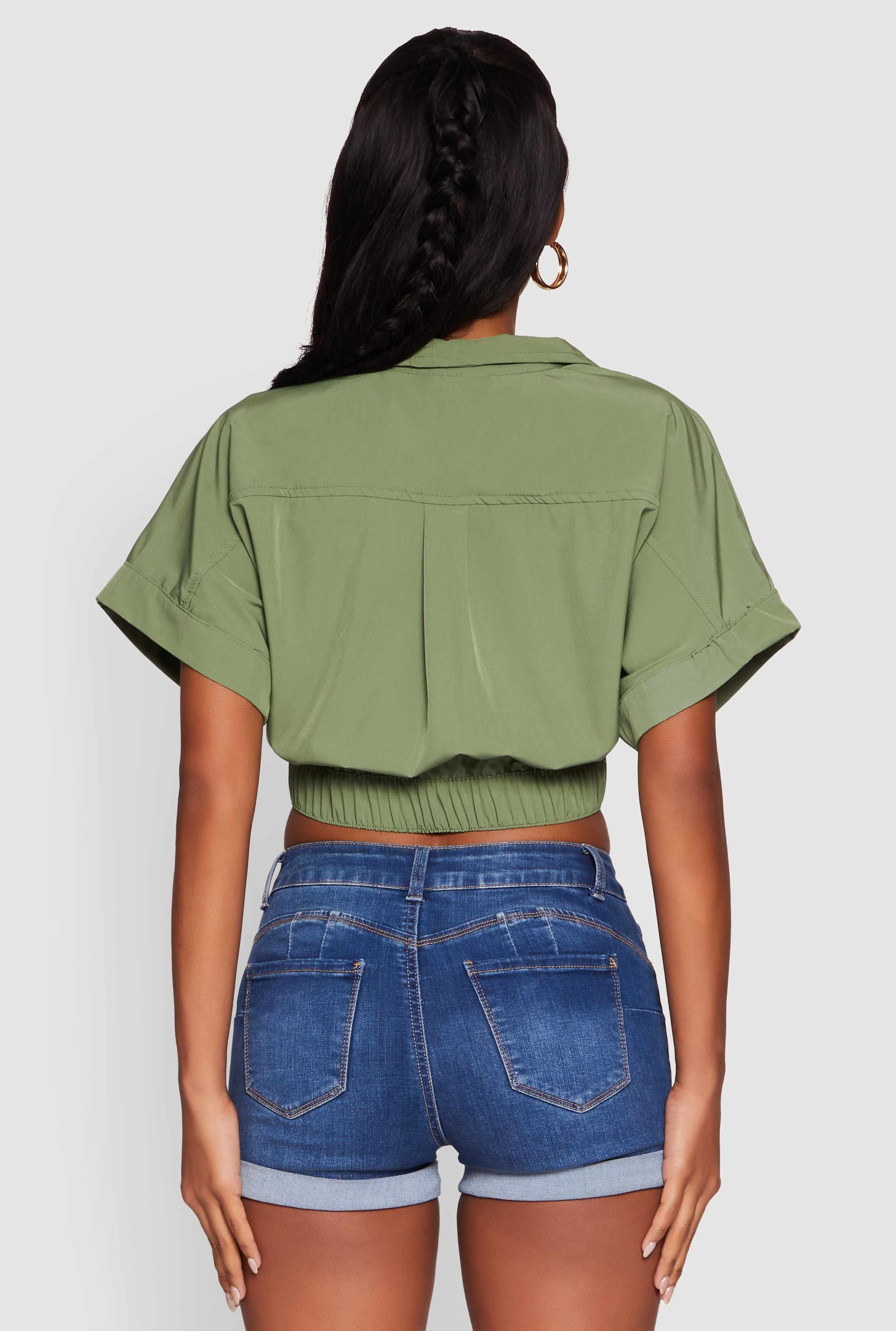Dolman Sleeve Button Front Shirt Collar Crop Top