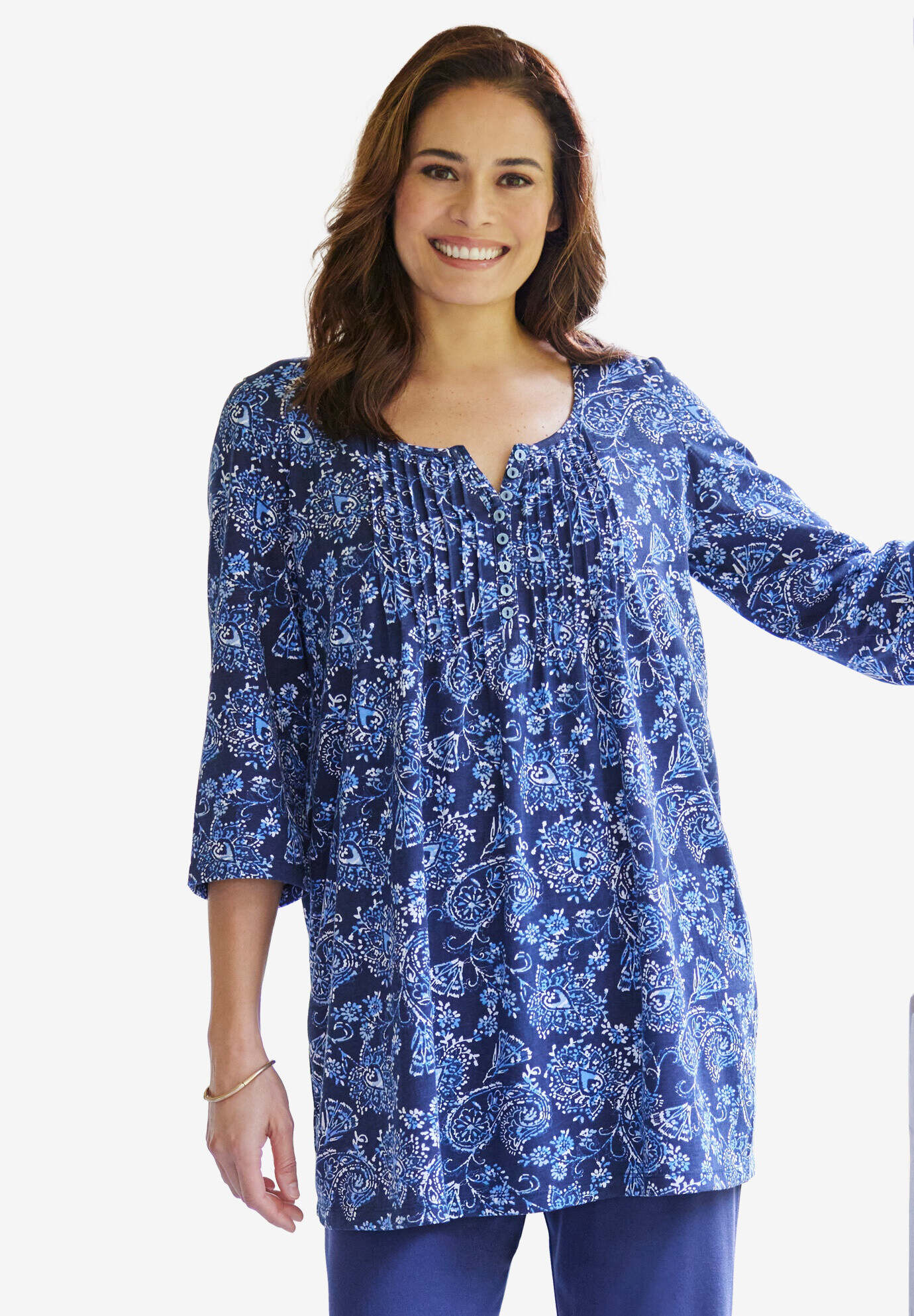 7-Day Three-Quarter Sleeve Pintucked Henley Tunic