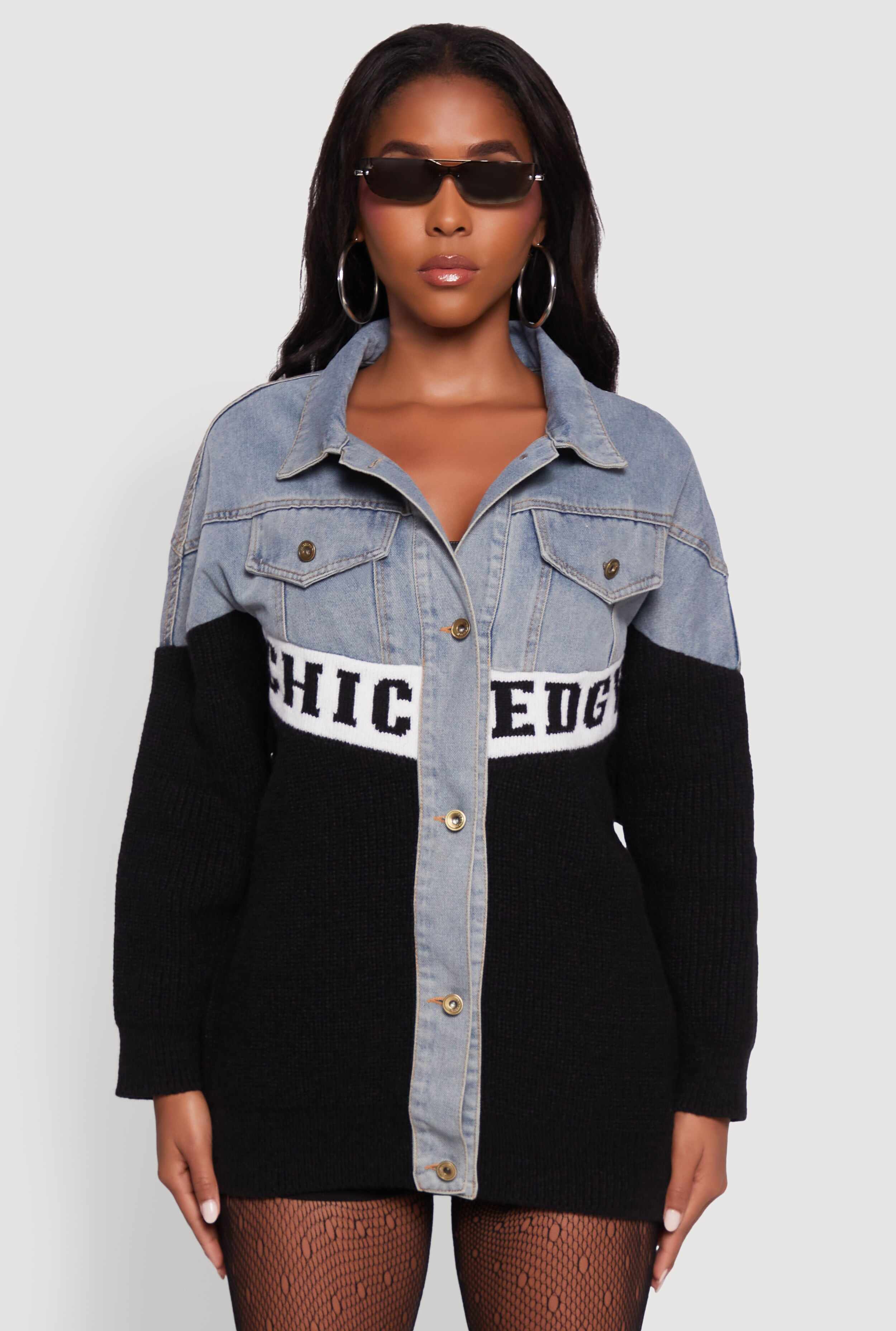 Color Block Chic Graphic Knit Denim Jacket
