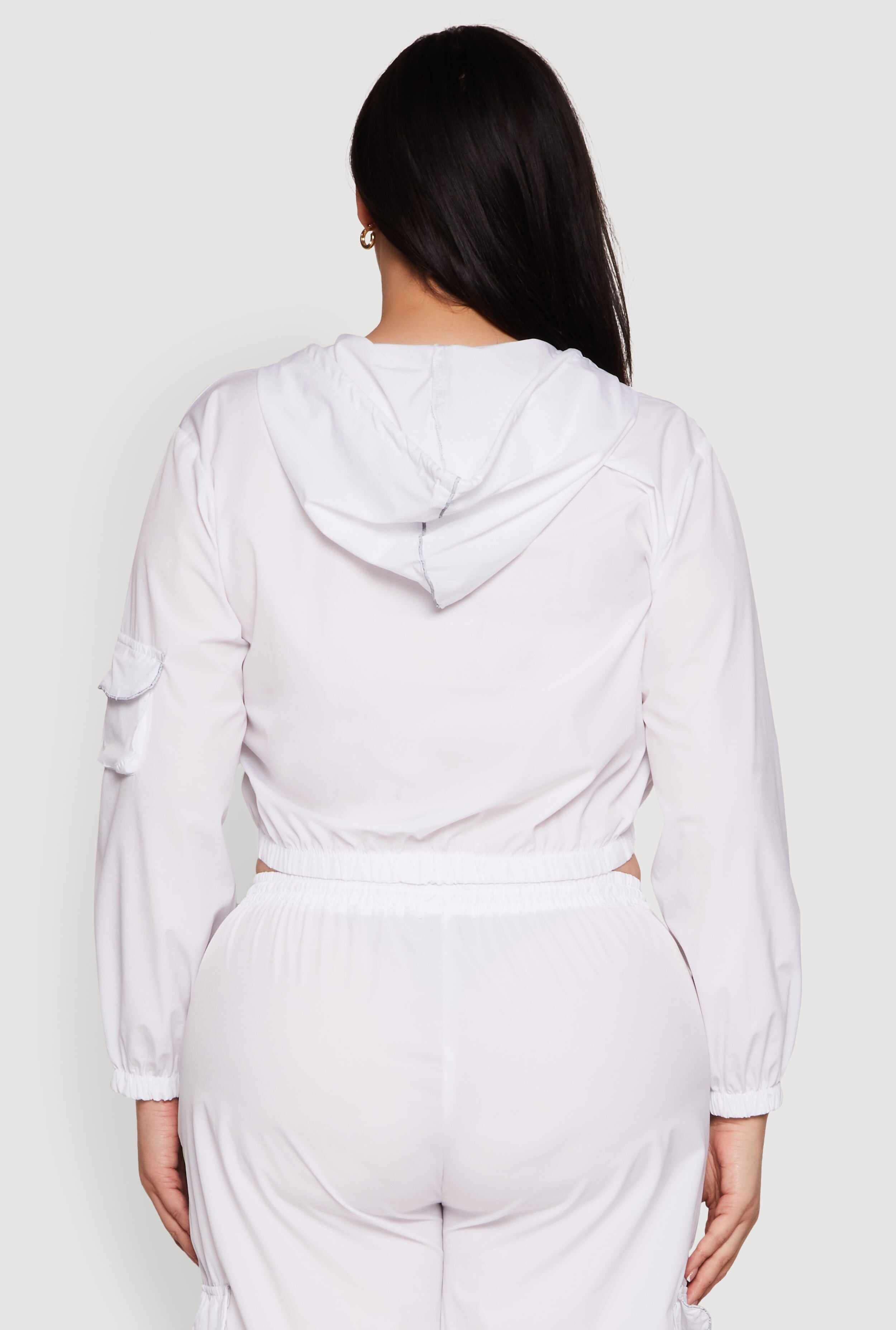 Plus Size Cargo Pocket Sleeve Cropped Track Jacket