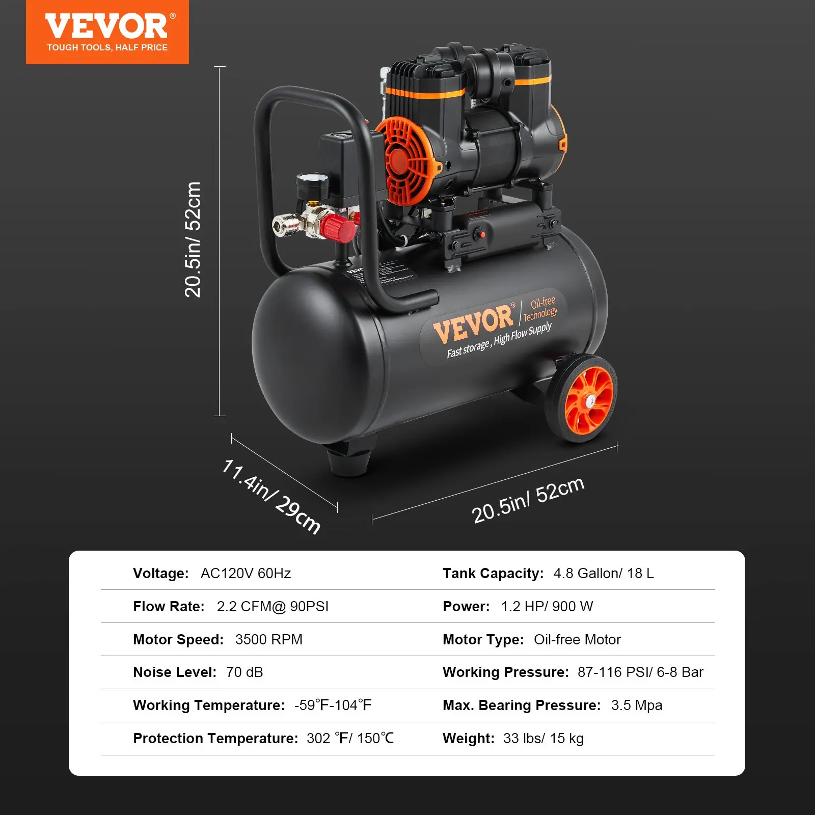13 Gallon Air Compressor,, 2HP 4.6 SCFM@90PSI Oil Free Air Compressor Tank, 66dB Ultra-Quiet Compressor for Tire Inflation, Auto Repair, Woodwork Nailing, Spray Painting (125PSI Max Pressure)