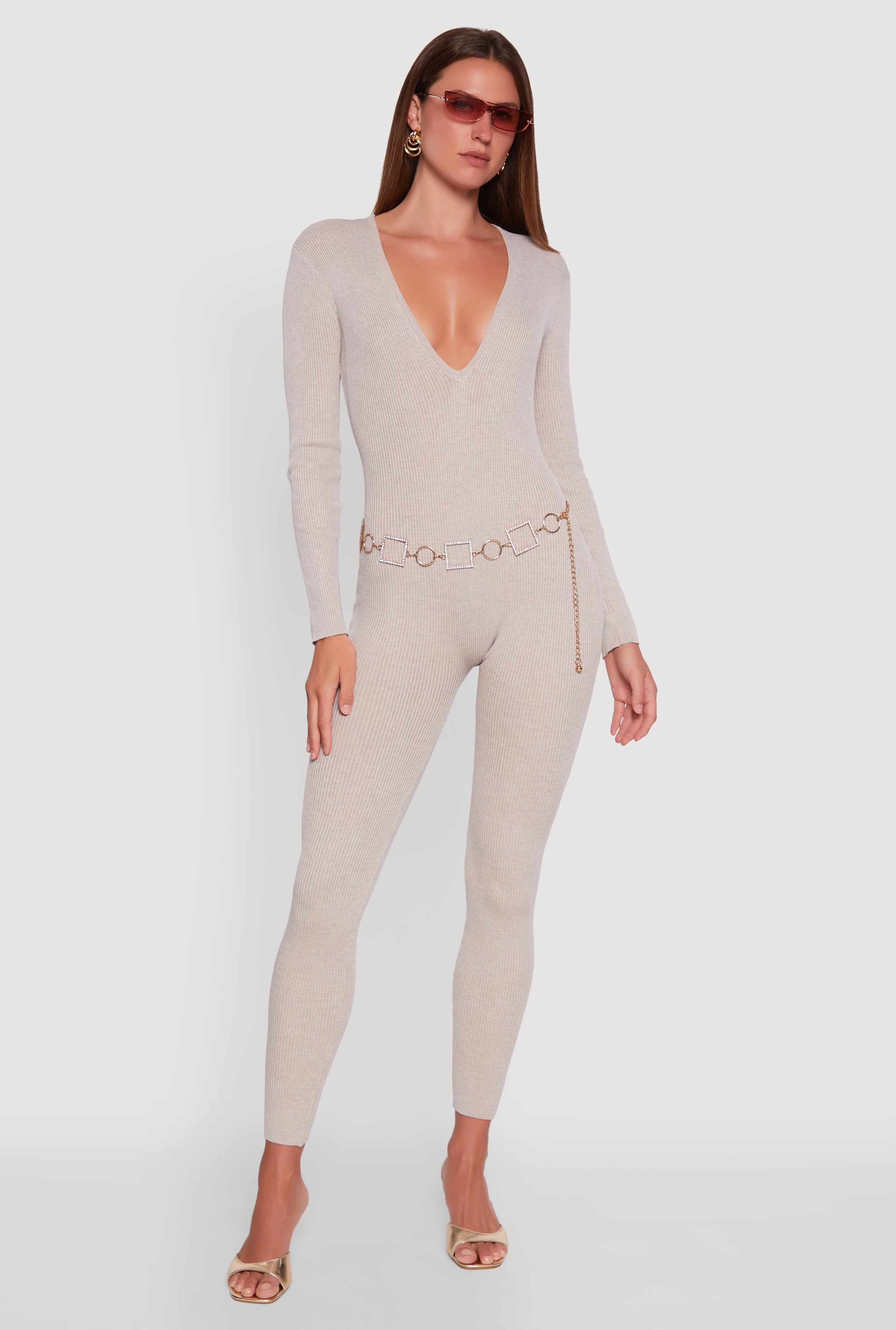Ribbed Knit Lace-Up Back Long Sleeve Jumpsuit