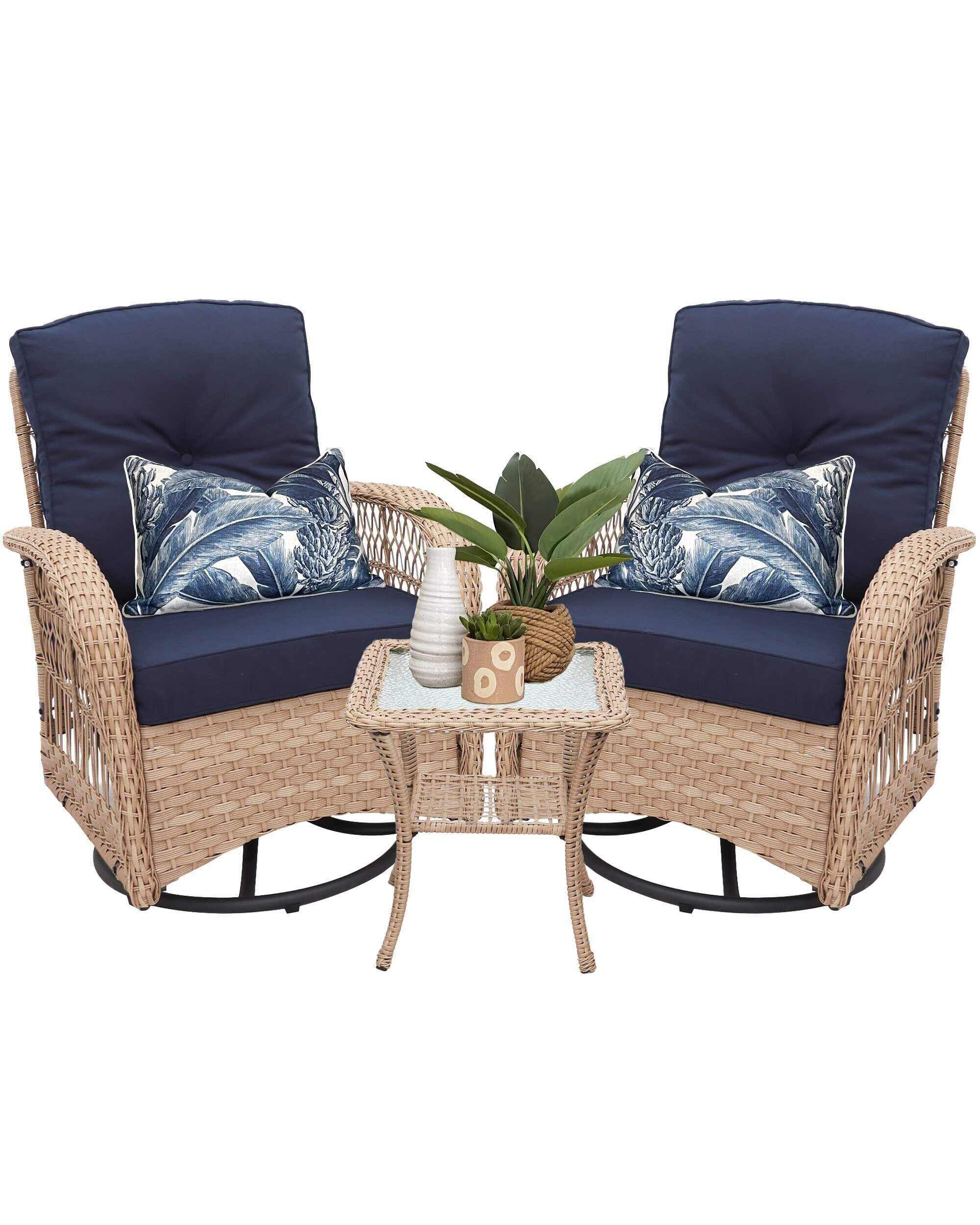Swivel Rocker Patio Chairs Set of 2 and Matching Side Table - 3 Piece Wicker Patio Bistro Set with Premium Fabric Cushions Furniture (Dark Wicker Chair Beige Cushion)