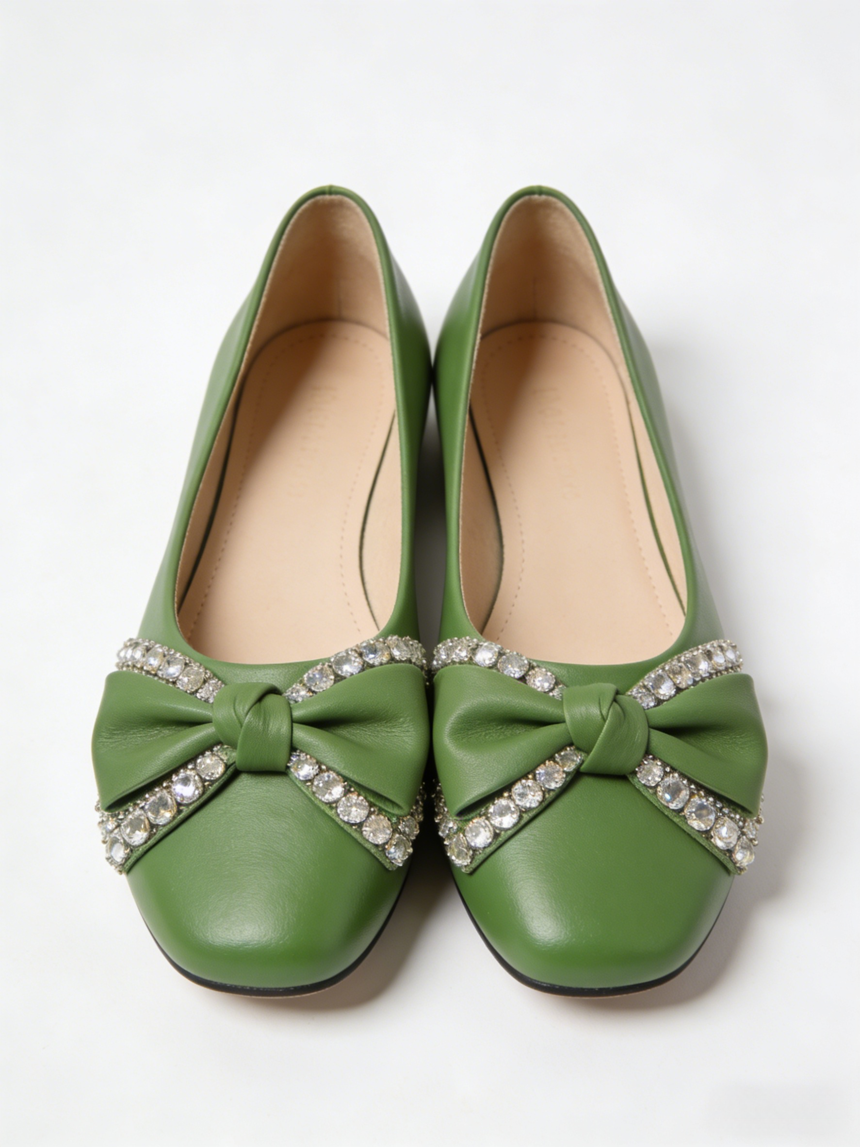 Soft Bow Zircon Splicing Flat Shoes For Women Green Faux Leather