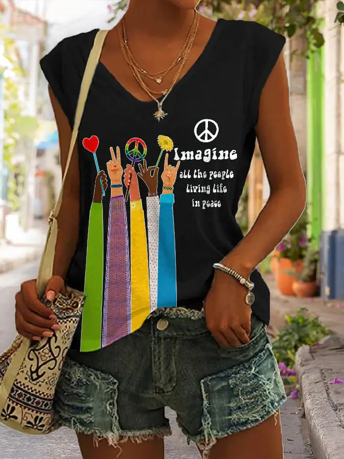 V-neck Retro Hippie Imagine All The People Living Life In Peace Print Tank Top