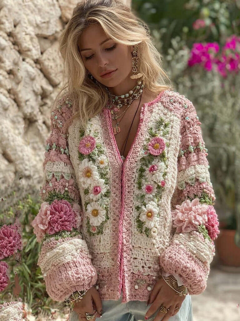 Women's Boho Colorblock Rose Granny Check Chunky Knit Cardigan Sweater