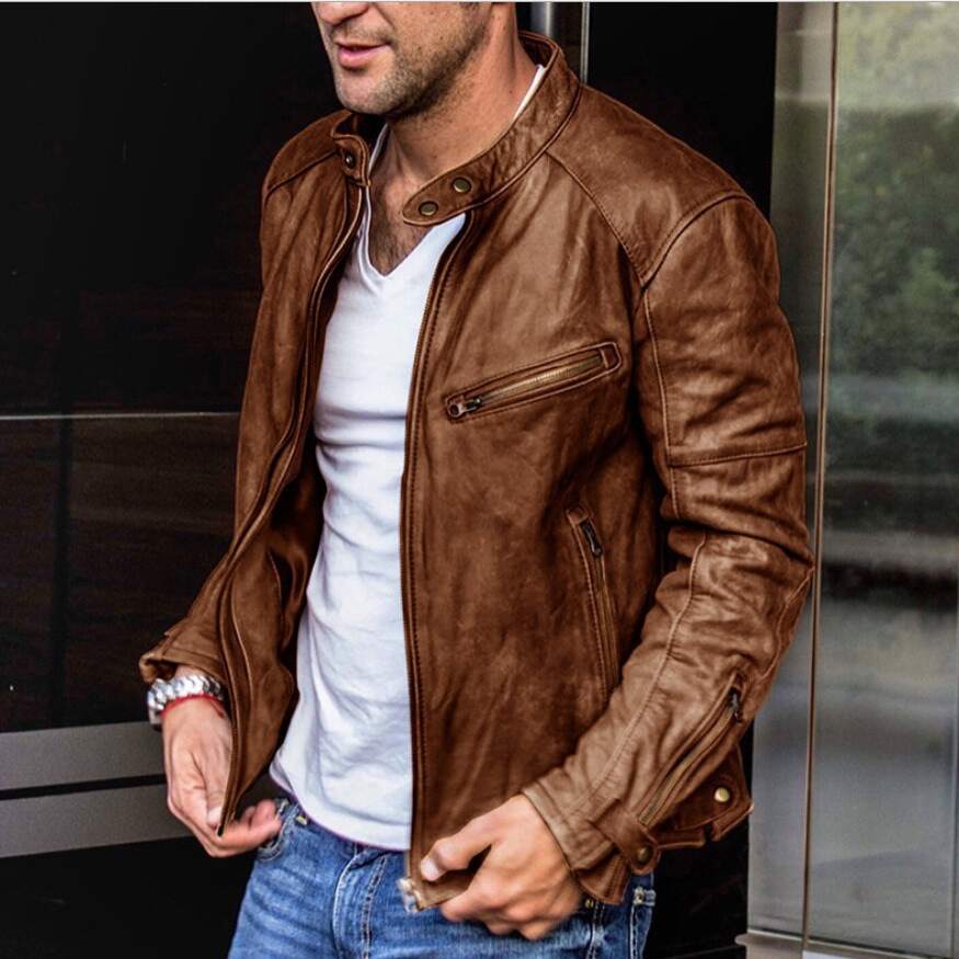 Men's Motorcycle Leather Warm Zip Coats Casual Jackets