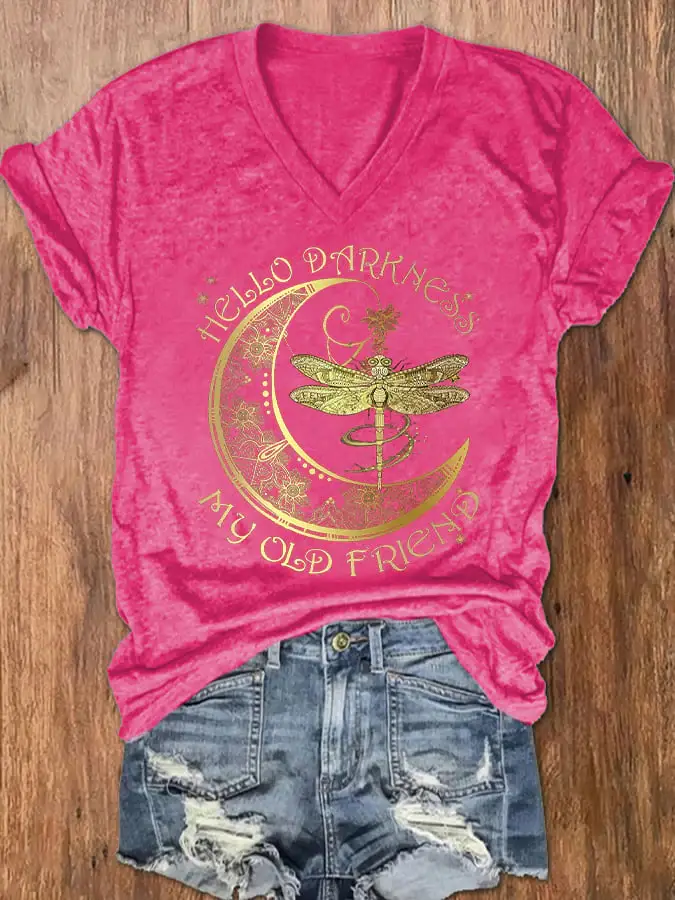 Women's Hippie Hello Darkness My Old Friend Printed V-Neck T-Shirt