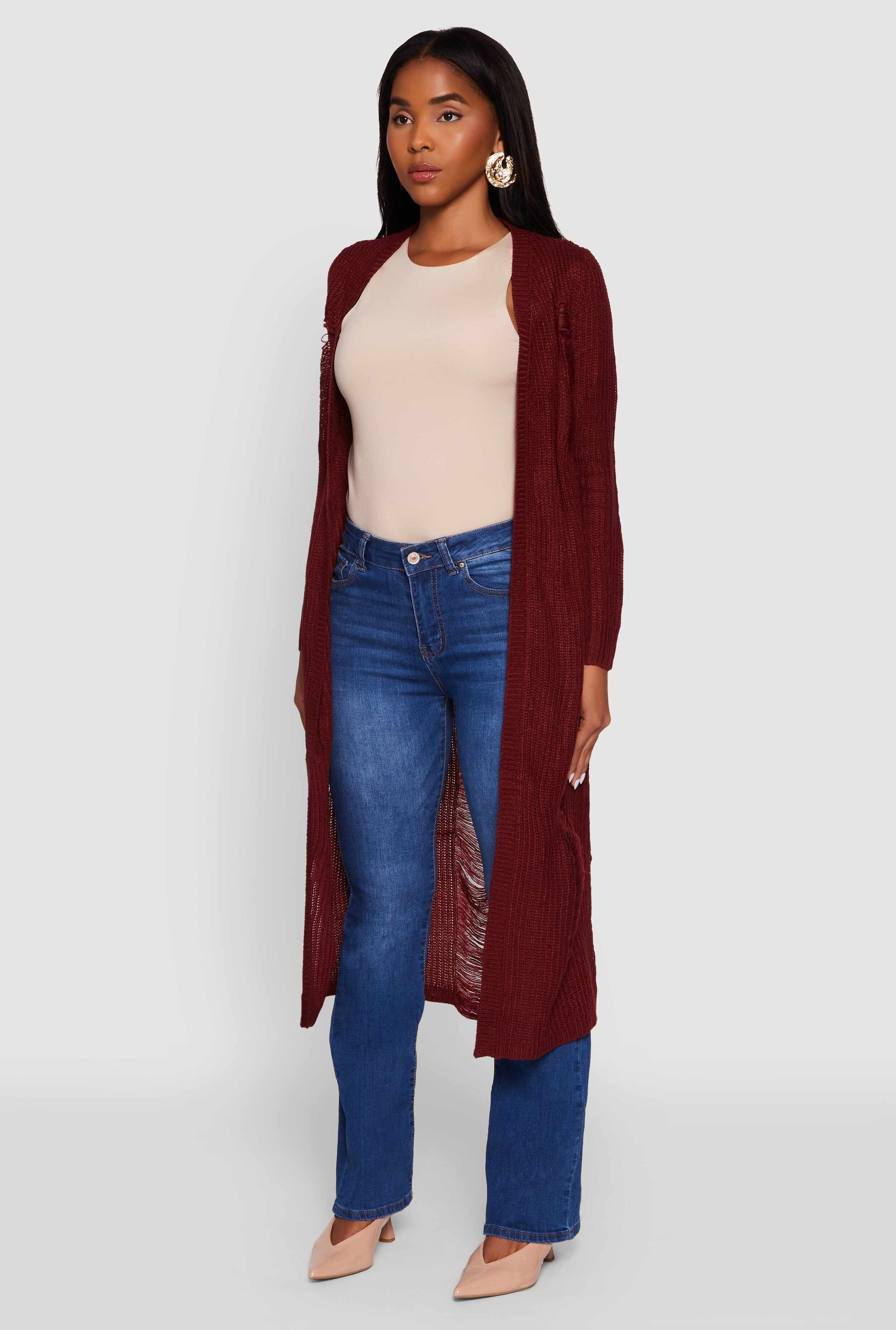 Distressed Long Sleeve Open Front Duster Cardigan