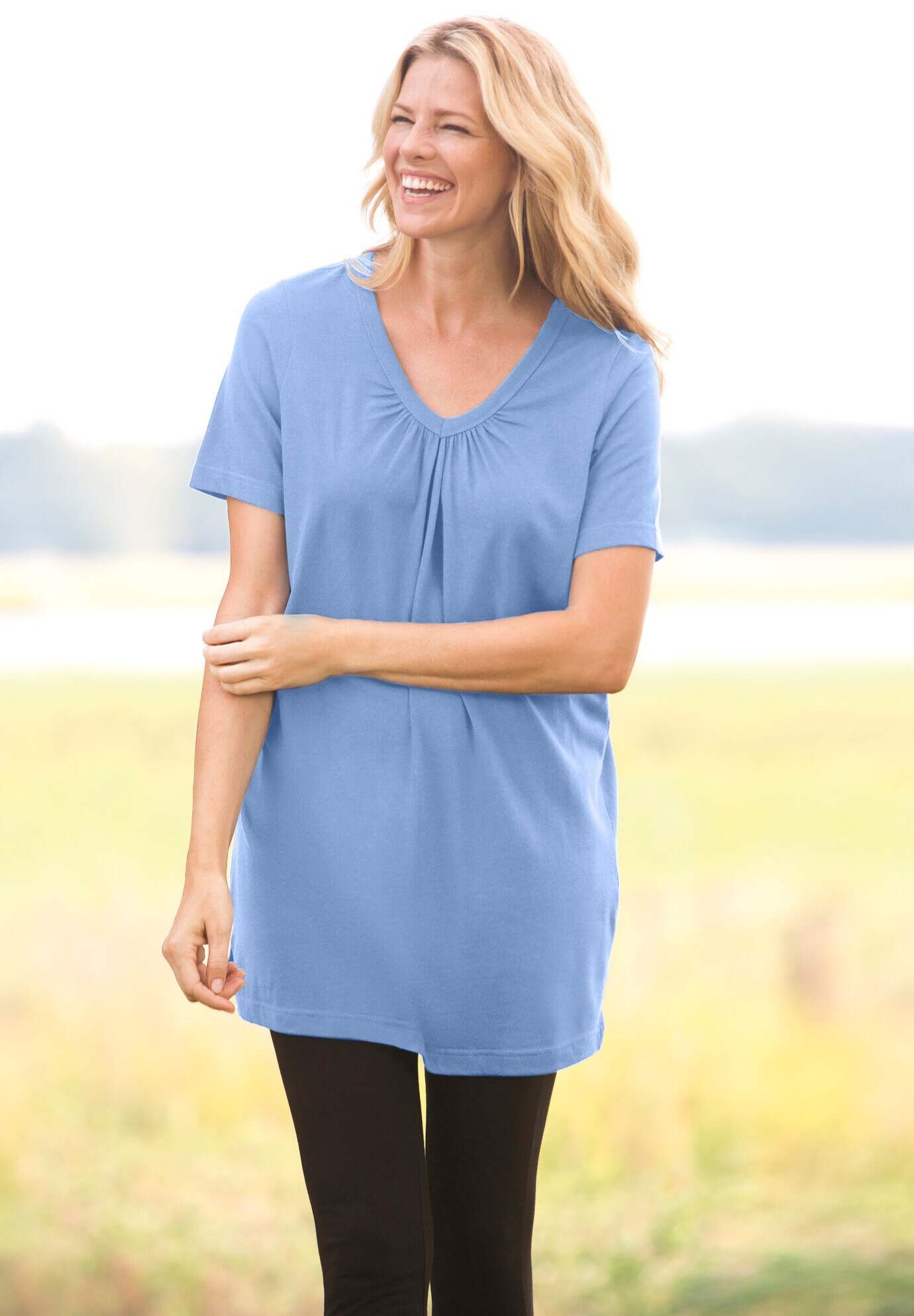 Perfect Short-Sleeve Shirred V-Neck Tunic