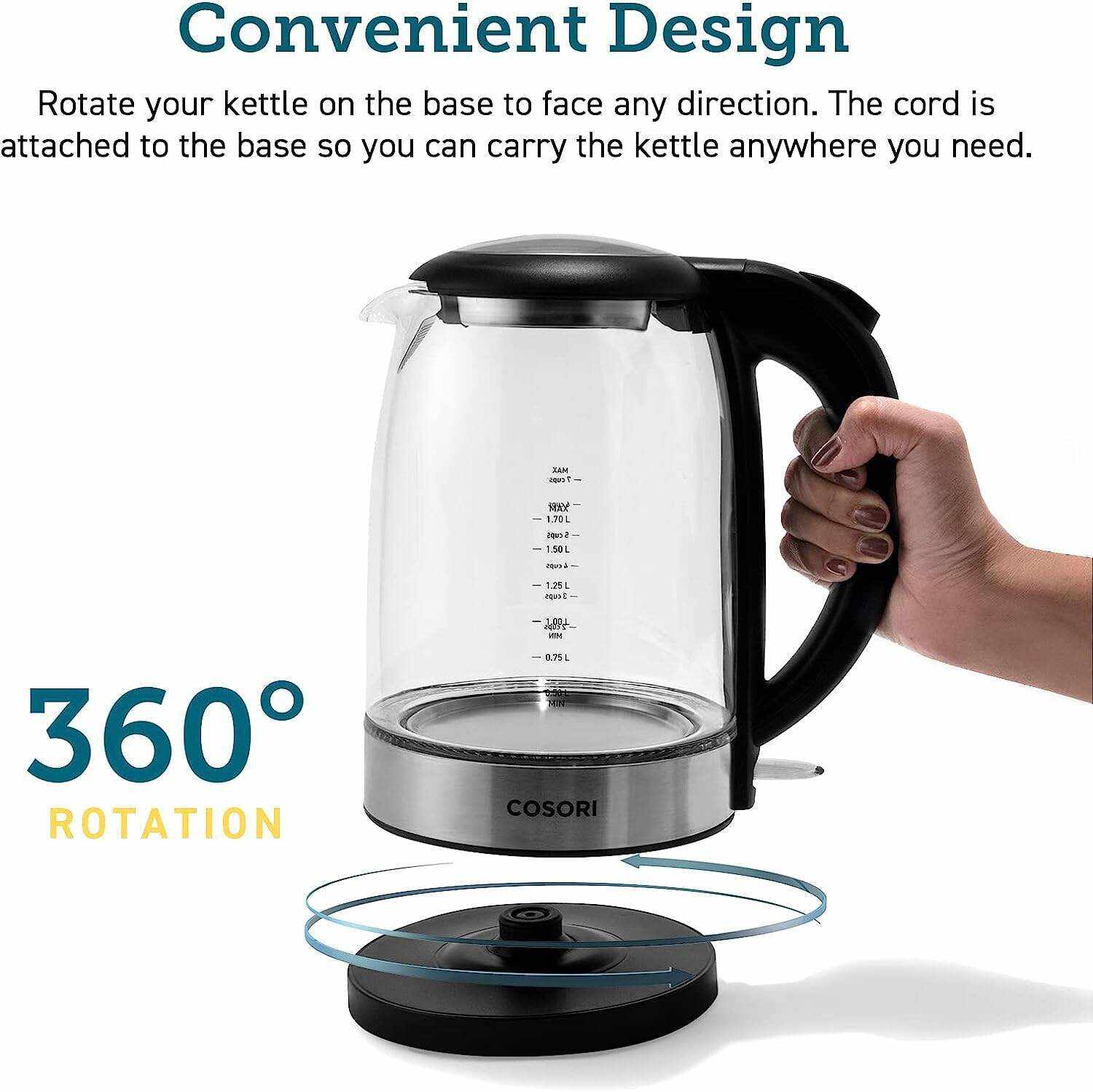 Electric Kettle with Stainless Steel Filter and Inner Lid, 1500W Wide Opening 1.7L Glass Tea Kettle & Hot Water Boiler, LED Indicator Auto Shut-Off & Boil-Dry Protection, BPA Free, Matte Black