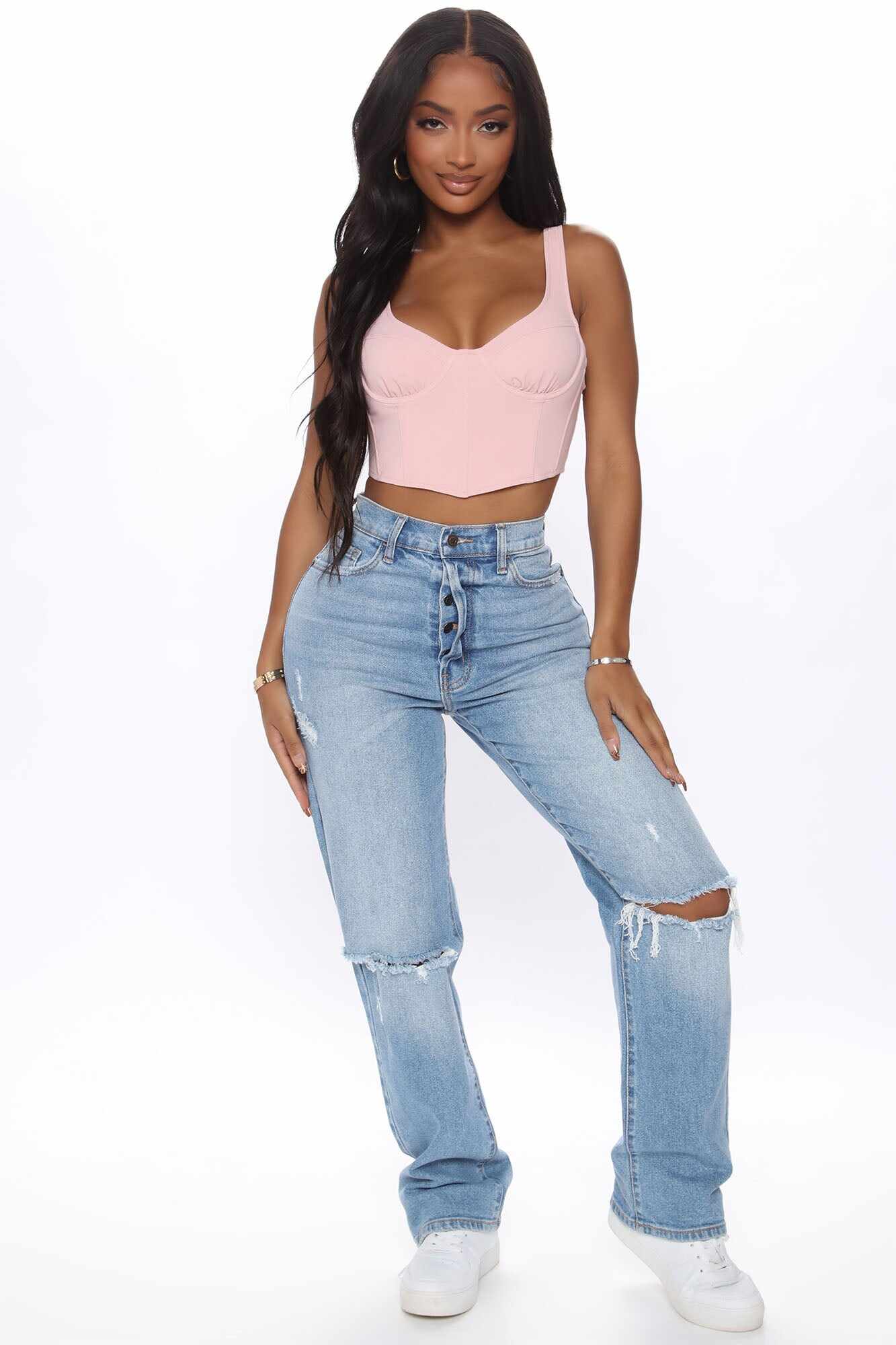 As You Please Ripped Straight Leg Jeans - Light Blue Wash