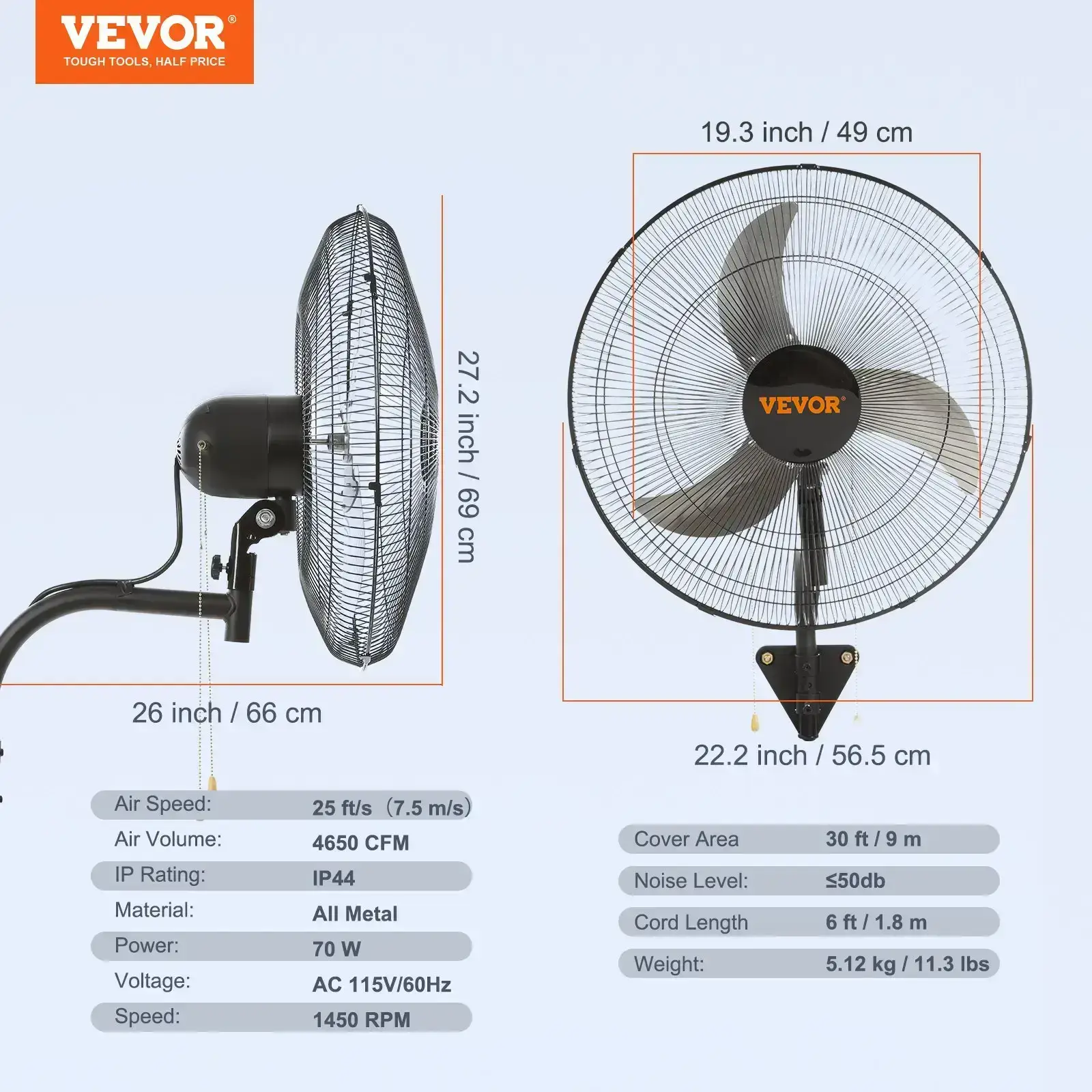 20 Inch Oscillating Wall Mount Fan - High Velocity, 4650 CFM
