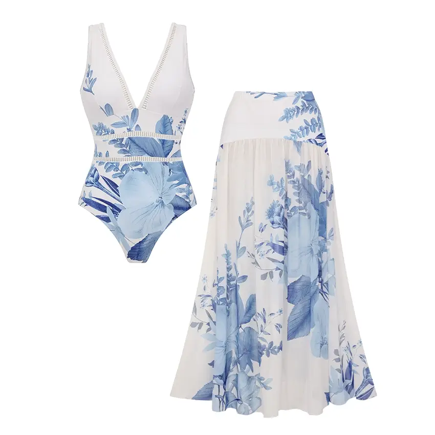 V Neck Blossom Print Swimsuit Set