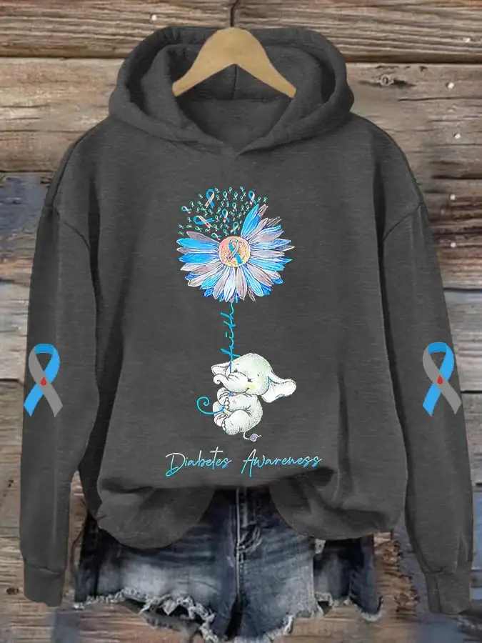 Women's Diabetes Awareness Faith Elephant Ribbon Print Hoodie