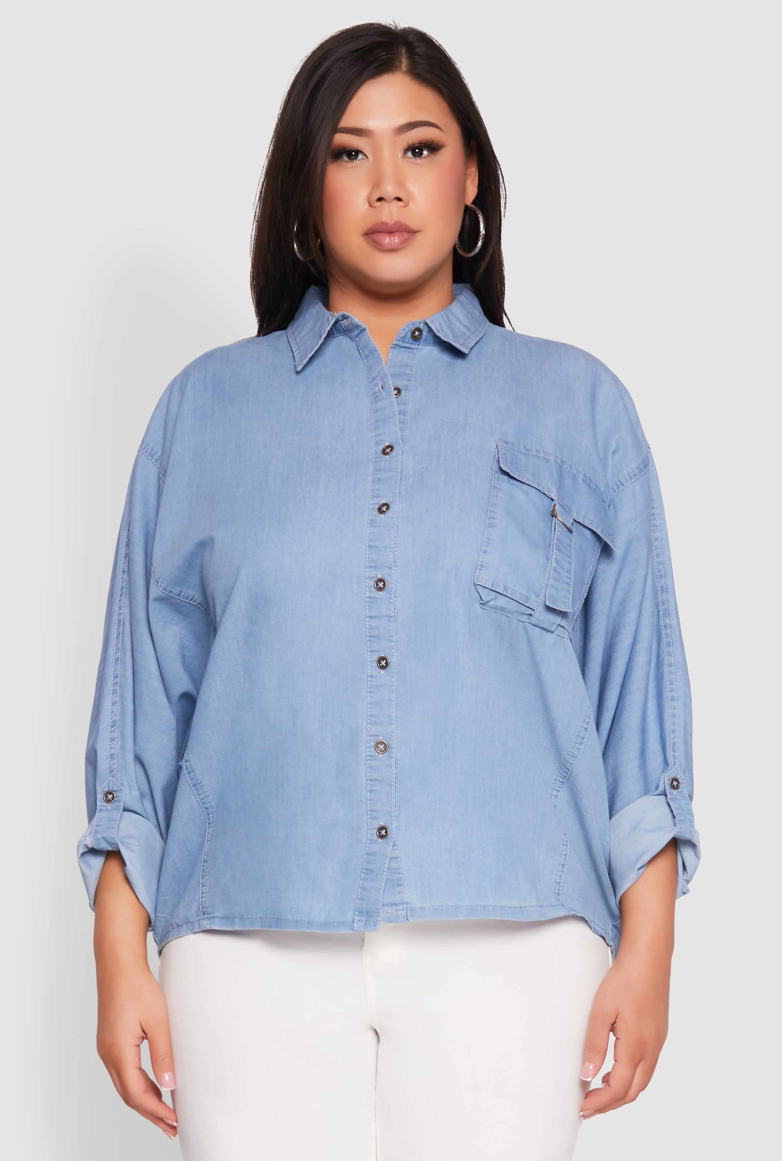 Plus Size Chambray Tabbed Pocket Shirt
