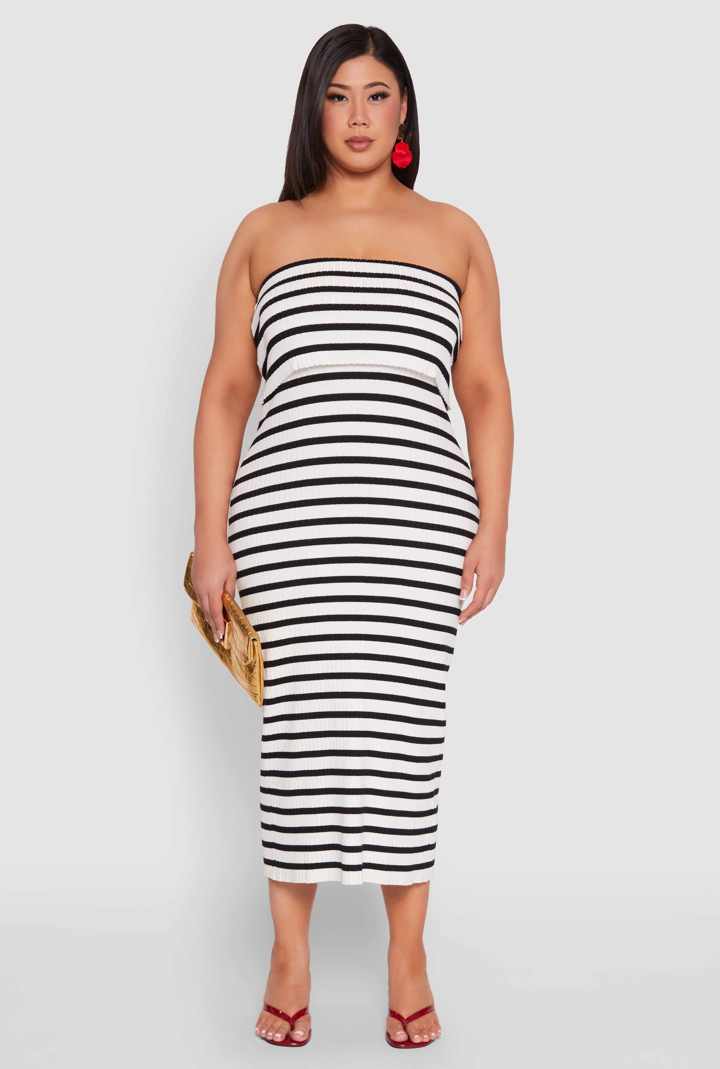 Plus Size Striped Rib Knit Overlay Sweater Dress