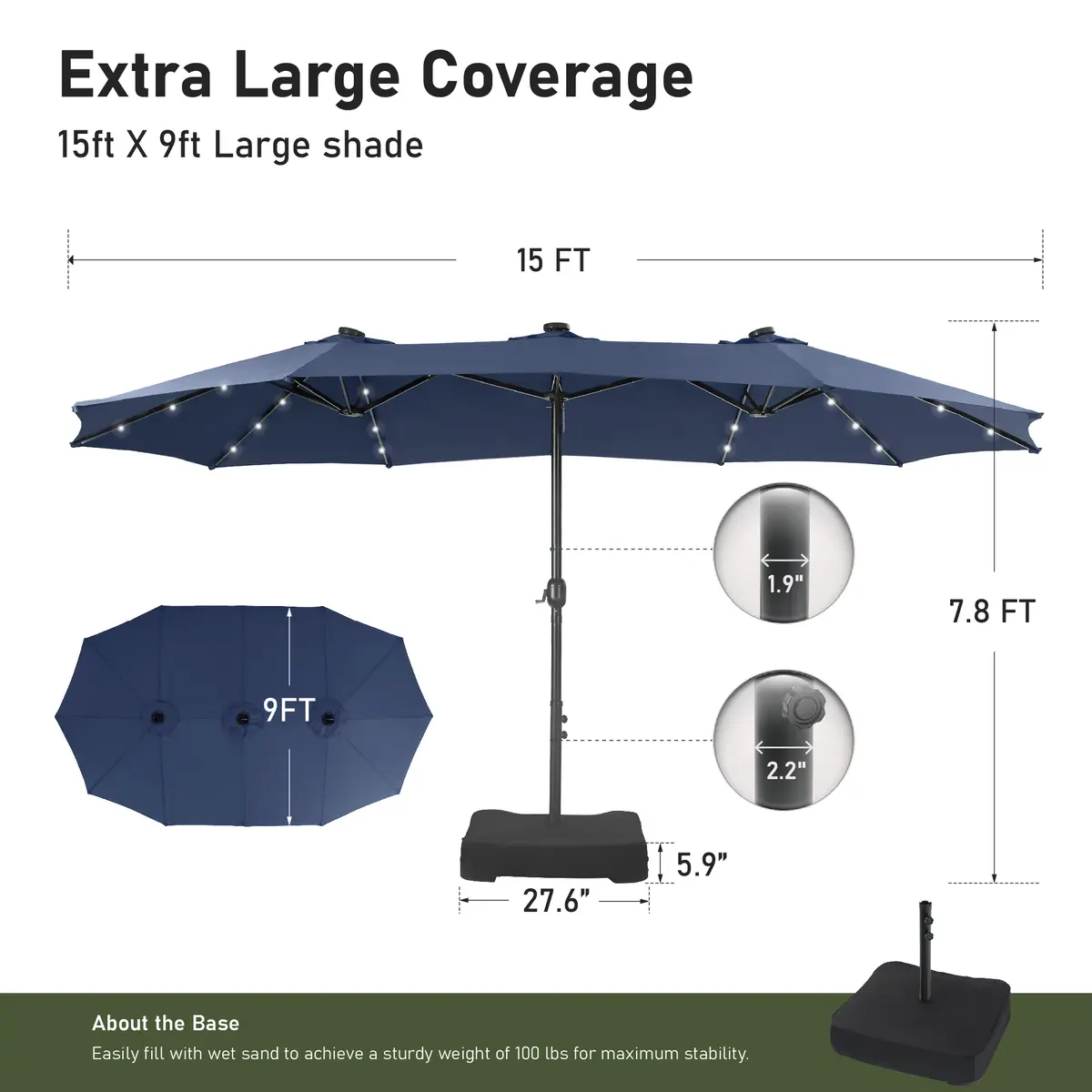 15ft Large Outdoor Patio Umbrella with Base – LED Light Option, Double-Sided, Crank Handle, Waterproof，Comes with Weighted Base and Sandbag, Accommodates 10 People, Great for Poolside, Garden, Lawn, Backyard, Deck and Beach