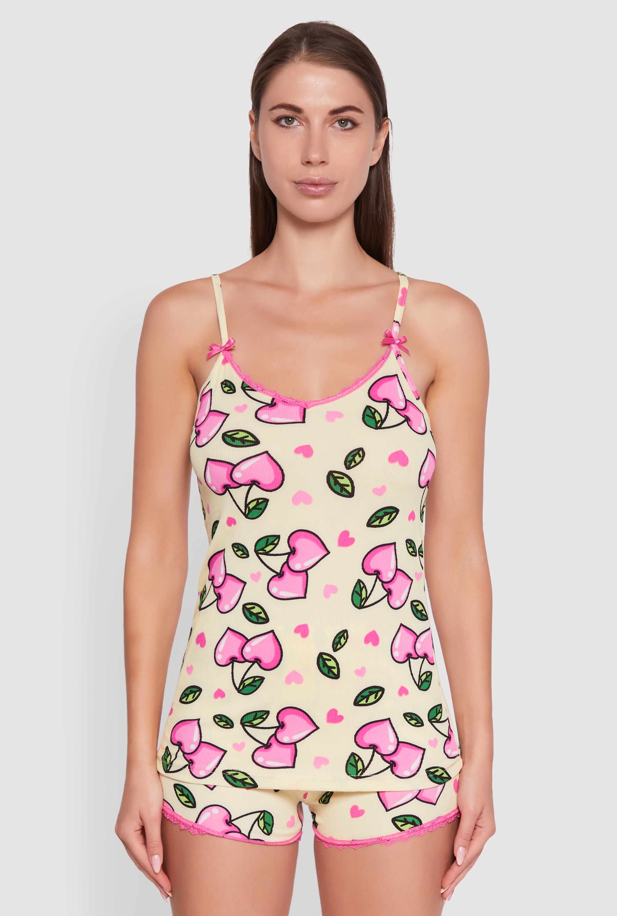Cherry Heart Print Lace Detail Pajama Cami and Shorts