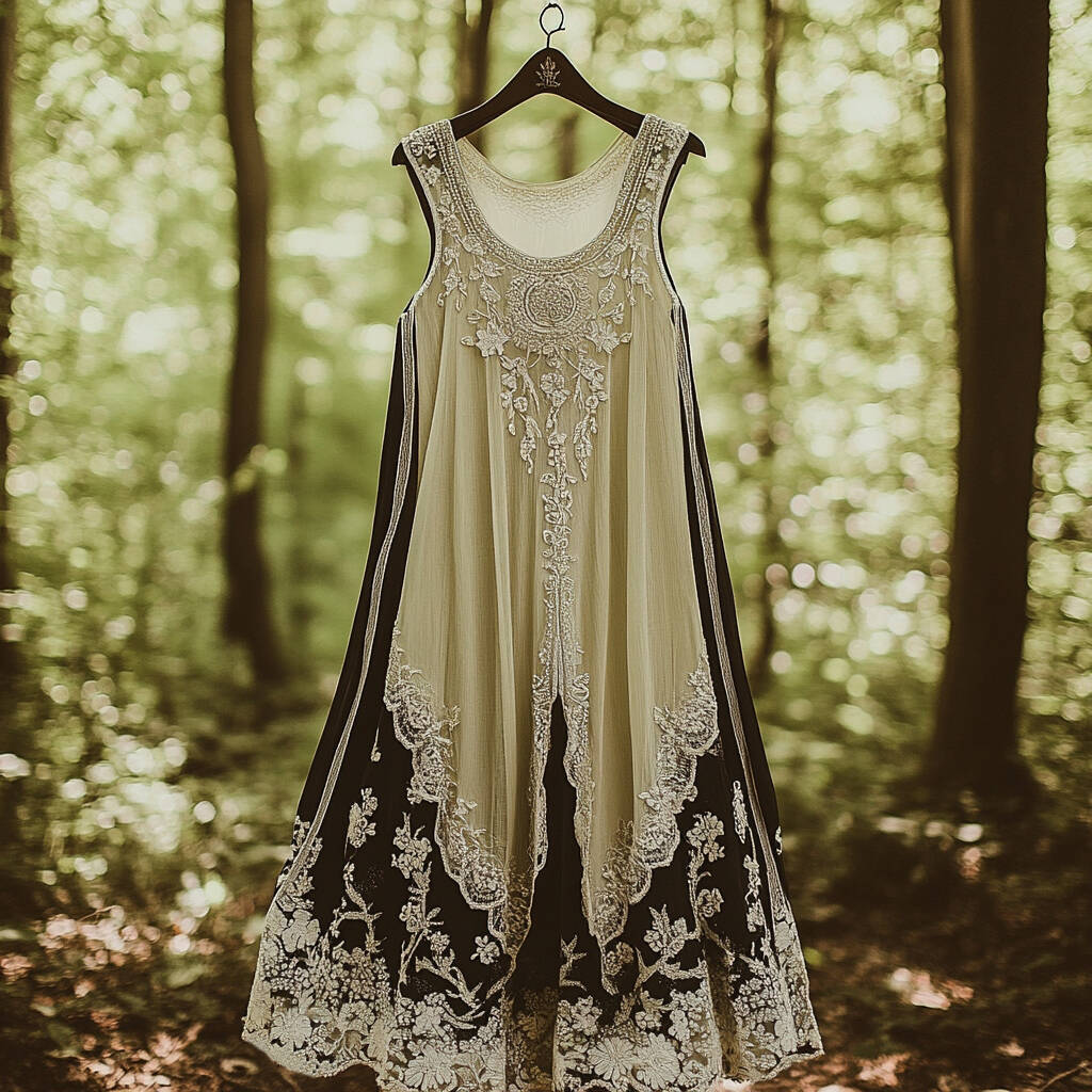 Floral Embroidered Pattern Linen Contrast Color Vest Dress