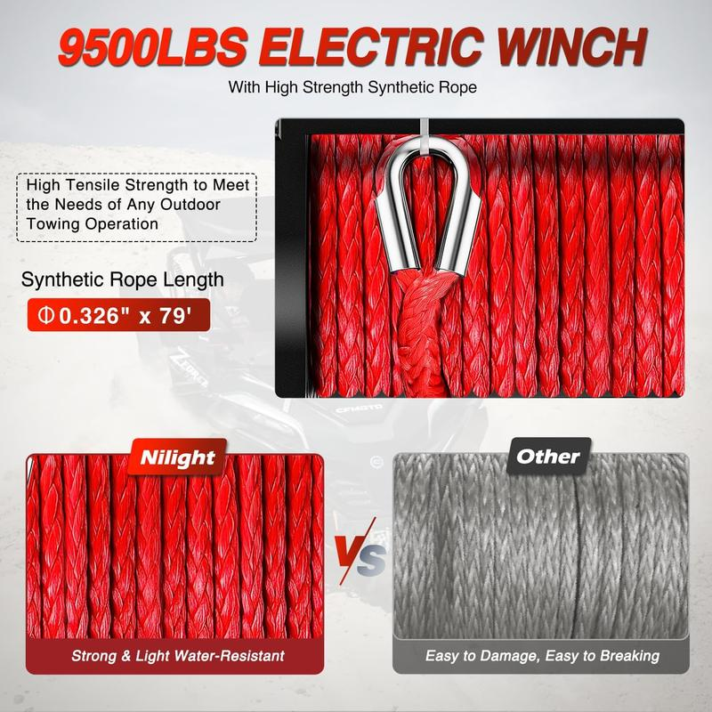 Electric Winch 12V Waterproof IP68 Towing Winches for Trailer Jeep ATV UTV Truck SUV 9500 LBS Portable Badlands Winch with Synthetic Rope Hawse Fairlead Wired Handle Wireless Remote Red Rope